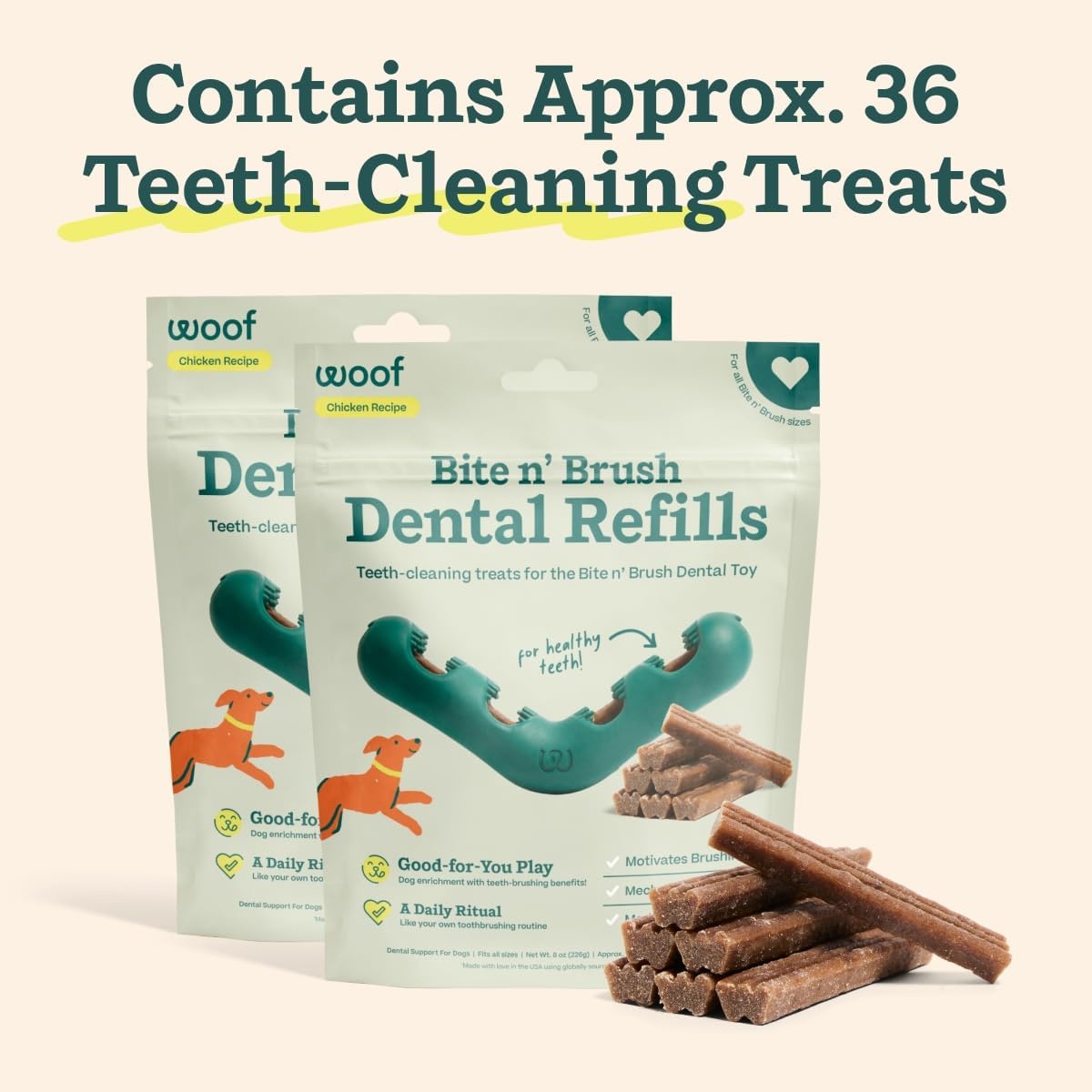 image:imageWOOF Bite n Brush Refills Treats for the Dog Toothbrush Toy Scrub Plaque and Tartar from Your Dogs Teeth and Mouth Dog Dental Sticks 18 Refills Chicken2 Pack Chicken