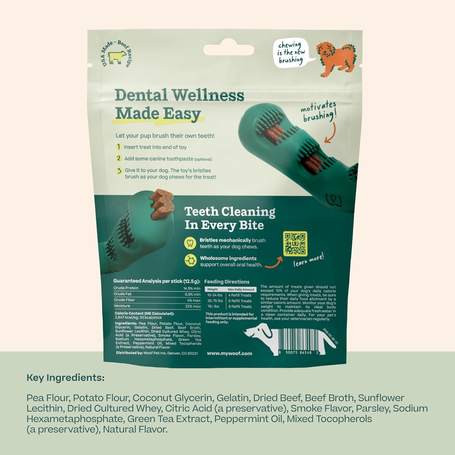 image:imageWOOF Bite n Brush Refills Treats for the Dog Toothbrush Toy Scrub Plaque and Tartar from Your Dogs Teeth and Mouth Dog Dental Sticks 18 Refills ChickenBeef
