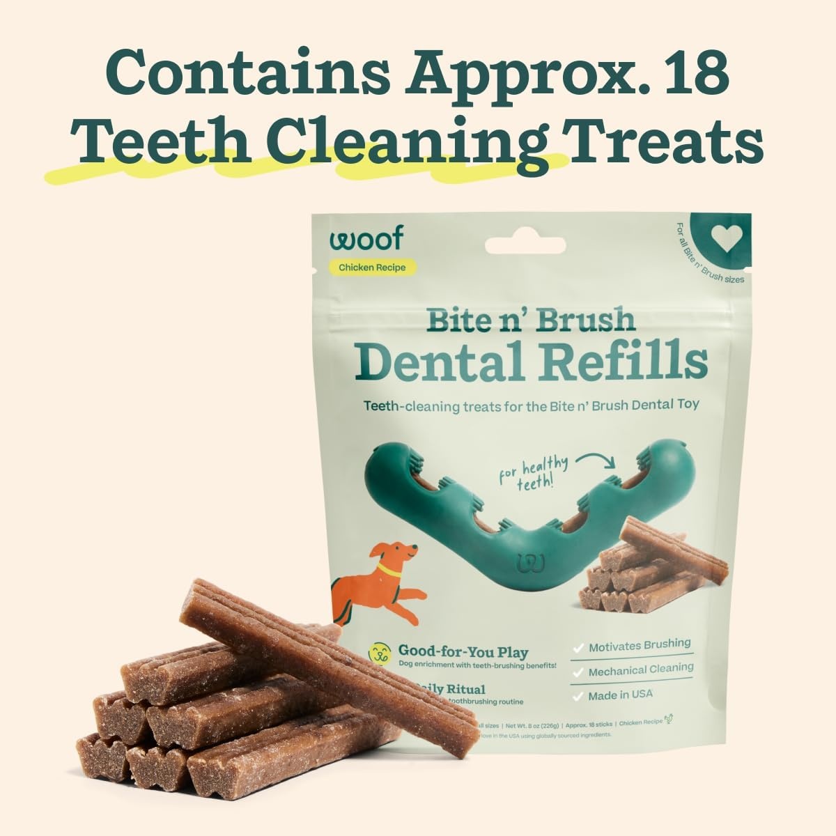 image:imageWOOF Bite n Brush Refills Treats for the Dog Toothbrush Toy Scrub Plaque and Tartar from Your Dogs Teeth and Mouth Dog Dental Sticks 18 Refills ChickenBeef