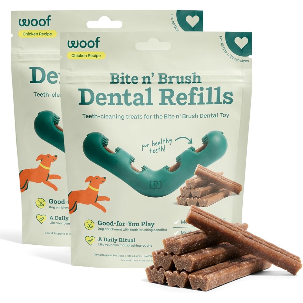 image:imageWOOF Bite n Brush Refills Treats for the Dog Toothbrush Toy Scrub Plaque and Tartar from Your Dogs Teeth and Mouth Dog Dental Sticks 18 Refills Chicken2 Pack Chicken