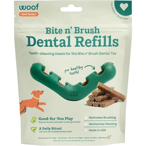 image:imageWOOF  Bite n Brush Refills Treats for the Dog Toothbrush Toy  Scrub Plaque and Tartar from Your Dogs Teeth and Mouth  Dog Dental Sticks  18 Refills  ChickenBeef