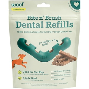 image:imageWOOF  Bite n Brush Refills Treats for the Dog Toothbrush Toy  Scrub Plaque and Tartar from Your Dogs Teeth and Mouth  Dog Dental Sticks  18 Refills  ChickenChicken