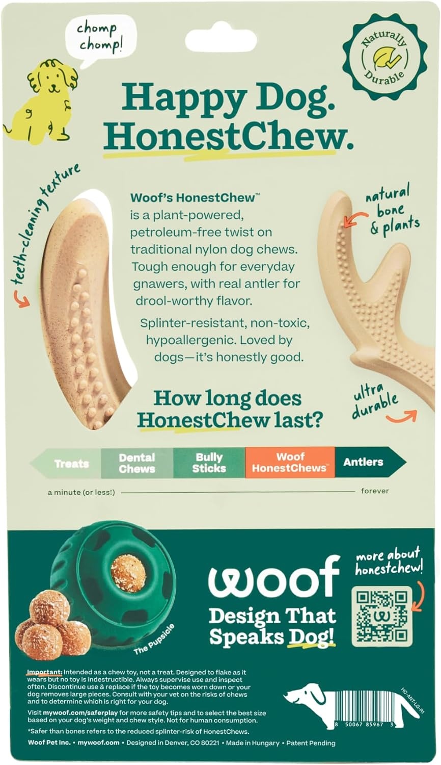 image:imageWOOF HonestChew Dog Toy Duo Durable Dog Chews Made with PlantBased Ingredients SplinterResistant Safer Than Dog Bones with HonestChew Antler and Infinity Gift for Dogs SmallAntler