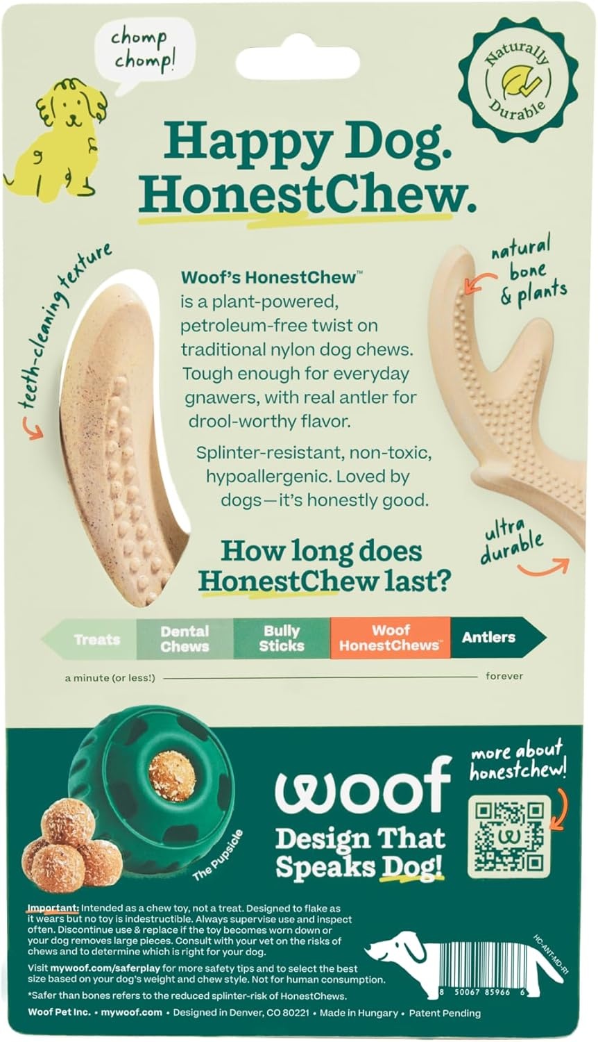 image:imageWOOF HonestChew Dog Toy Duo Durable Dog Chews Made with PlantBased Ingredients SplinterResistant Safer Than Dog Bones with HonestChew Antler and Infinity Gift for Dogs SmallAntler