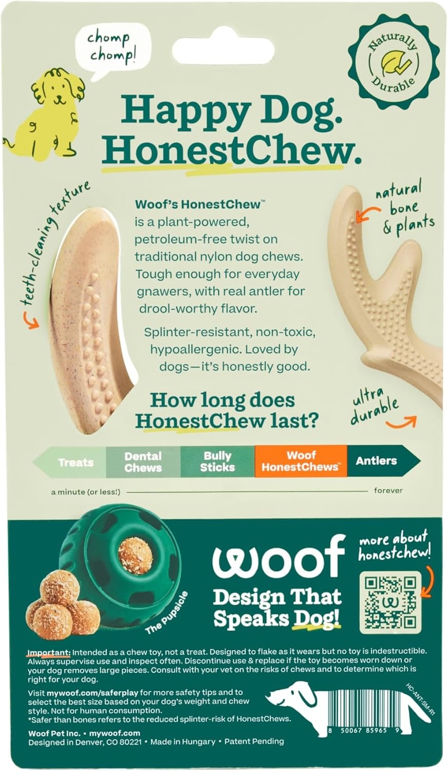 image:imageWOOF HonestChew Dog Toy Duo Durable Dog Chews Made with PlantBased Ingredients SplinterResistant Safer Than Dog Bones with HonestChew Antler and Infinity Gift for Dogs SmallAntler