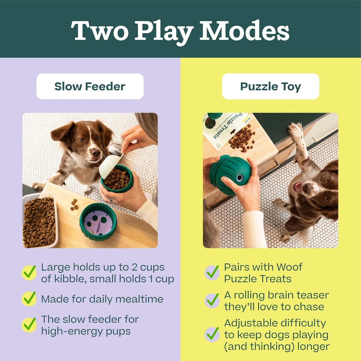 image:imageWOOF Walkabout Enrichment Dog Toys Puzzle and Treat Dispenser Adjustable Difficulty for Kibble and Treats Durable Rubber Easy to Clean SmallLarge Green