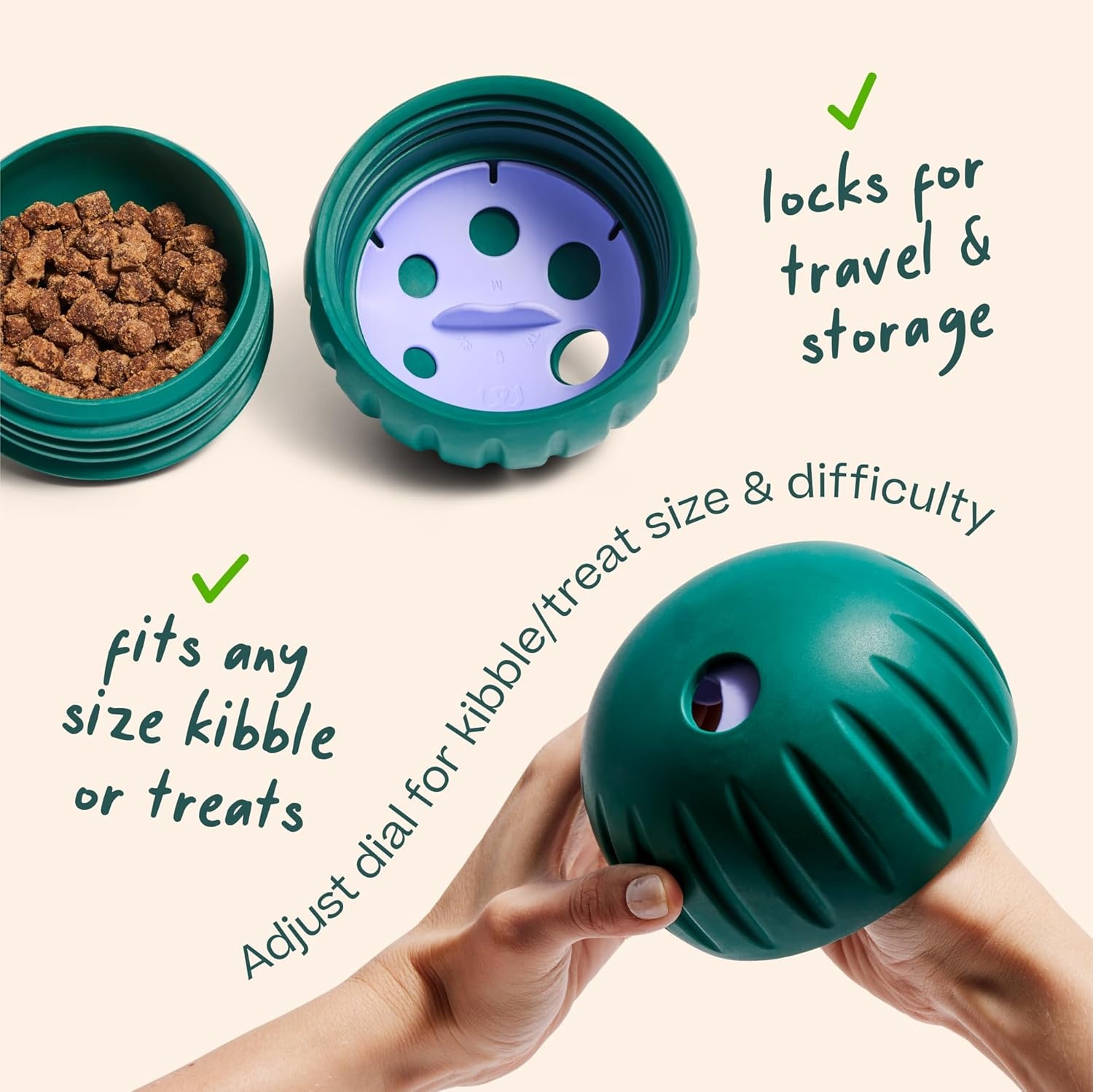 image:imageWOOF Walkabout Enrichment Dog Toys Puzzle and Treat Dispenser Adjustable Difficulty for Kibble and Treats Durable Rubber Easy to Clean SmallLarge Green