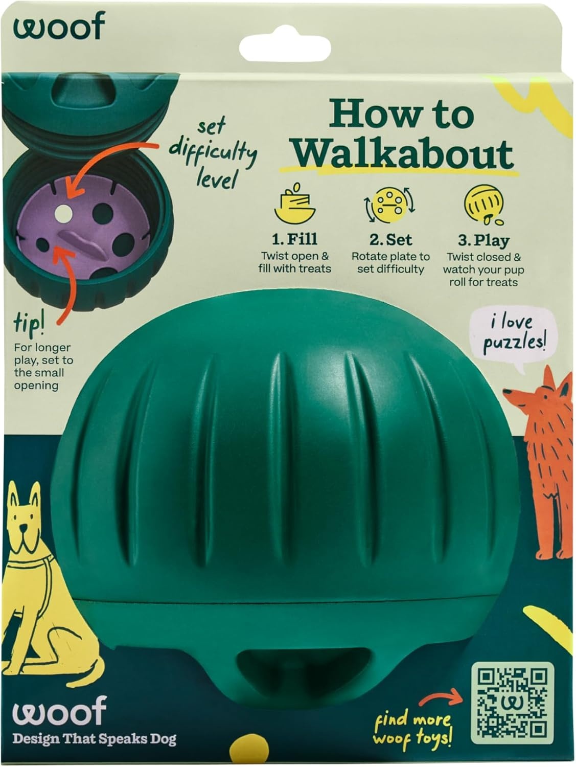 image:imageWOOF Walkabout Enrichment Dog Toys Puzzle and Treat Dispenser Adjustable Difficulty for Kibble and Treats Durable Rubber Easy to Clean SmallSmall Green