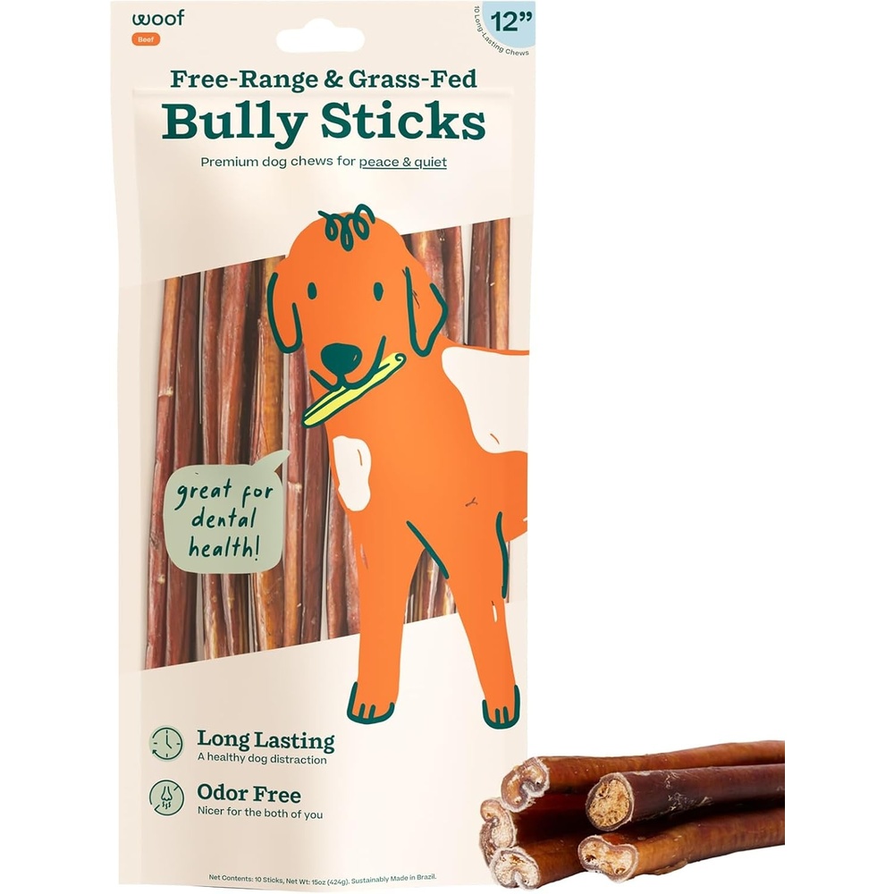 image:imageWOOF Bully Sticks Dog Treats Chew Sticks for Dogs LongLasting Dog Chew Treats Made with FreeRange GrassFed Beef 6 Sticks 5pk12 Inch Pack of 10