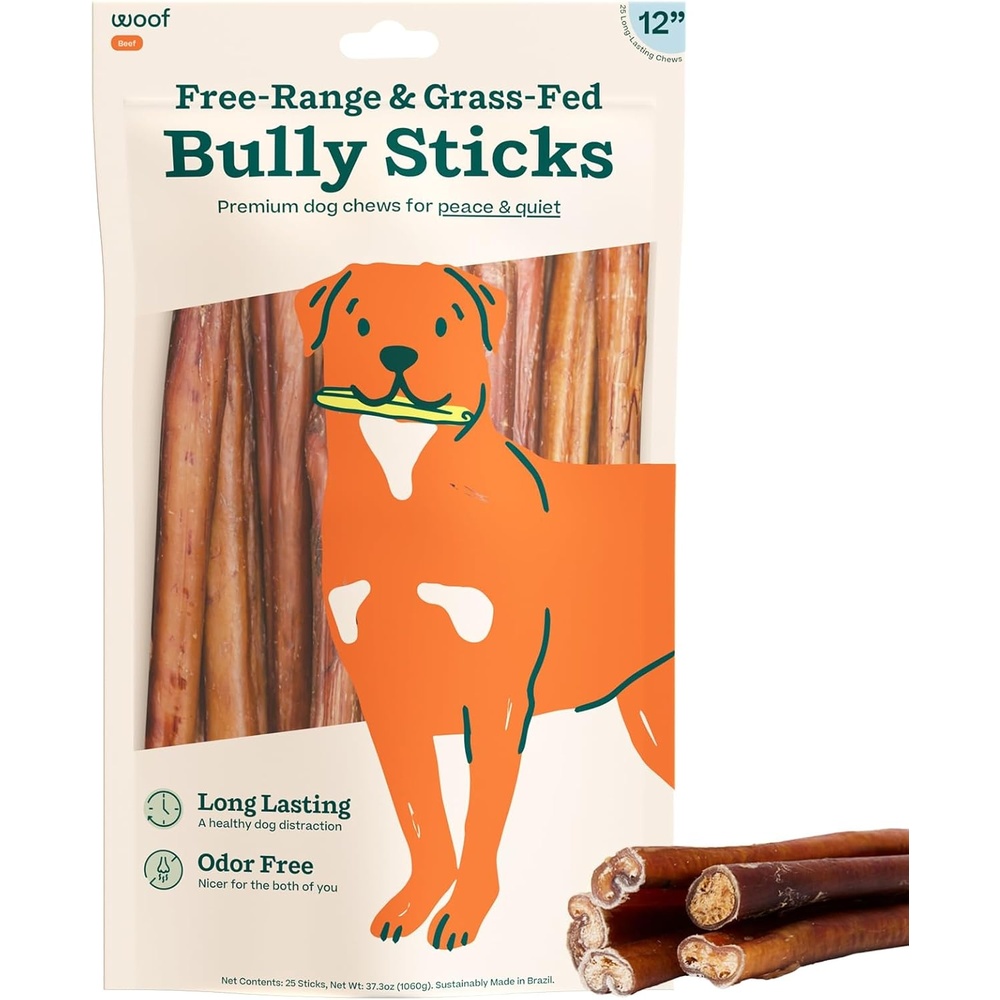 image:imageWOOF Bully Sticks Dog Treats Chew Sticks for Dogs LongLasting Dog Chew Treats Made with FreeRange GrassFed Beef 6 Sticks 5pk12 Inch Pack of 25
