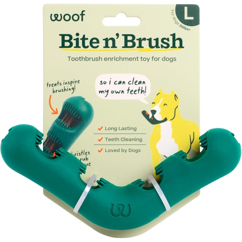 image:imageWOOF The Bite n Brush Dog Toothbrush Toy Scrub Plaque and Tartar from Your Dogs Teeth and Mouth Dog Dental Chew Toy SmallLarge
