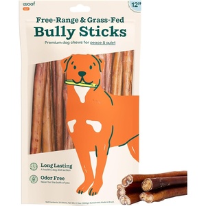 image:imageWOOF Bully Sticks Dog Treats  Chew Sticks for Dogs  LongLasting Dog Chew Treats  Made with FreeRange GrassFed Beef  6 Sticks  5pk12 Inch Pack of 25