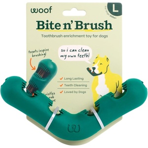 image:imageWOOF The Bite n Brush  Dog Toothbrush Toy  Scrub Plaque and Tartar from Your Dogs Teeth and Mouth  Dog Dental Chew Toy  SmallLarge