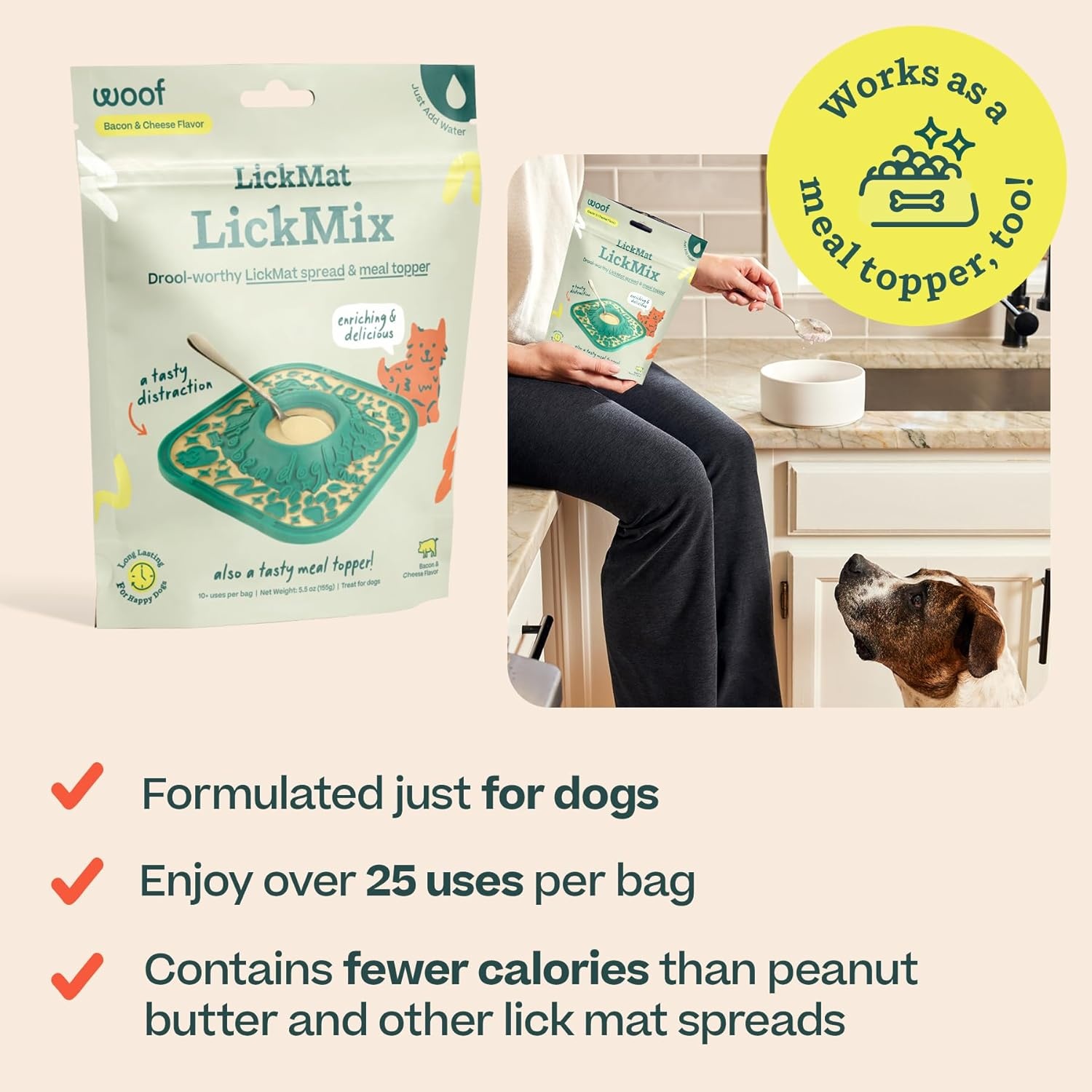 image:imageWOOF LickMixes Dog Lick Mat Spread and Meal Topper Delicious and Lower Calorie Made with Wholesome Ingredients Perfect for Dog Enrichment Bacon amp CheeseBacon Cheese Lickmix
