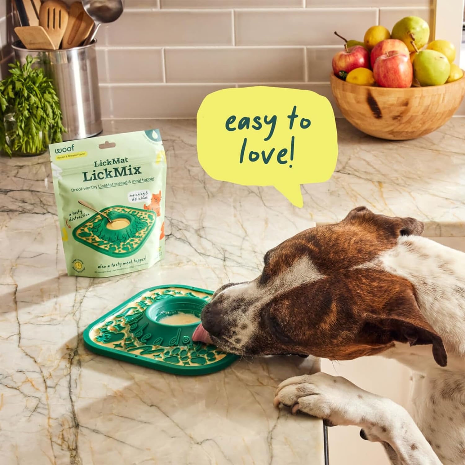 image:imageWoof Lick Mat and Bacon and Cheese LickMix Starter Pack Bundle Dog Enrichment and Spread Slow Feeder Mat with NonSlip Design Delicious Lower Calorie Mix Green