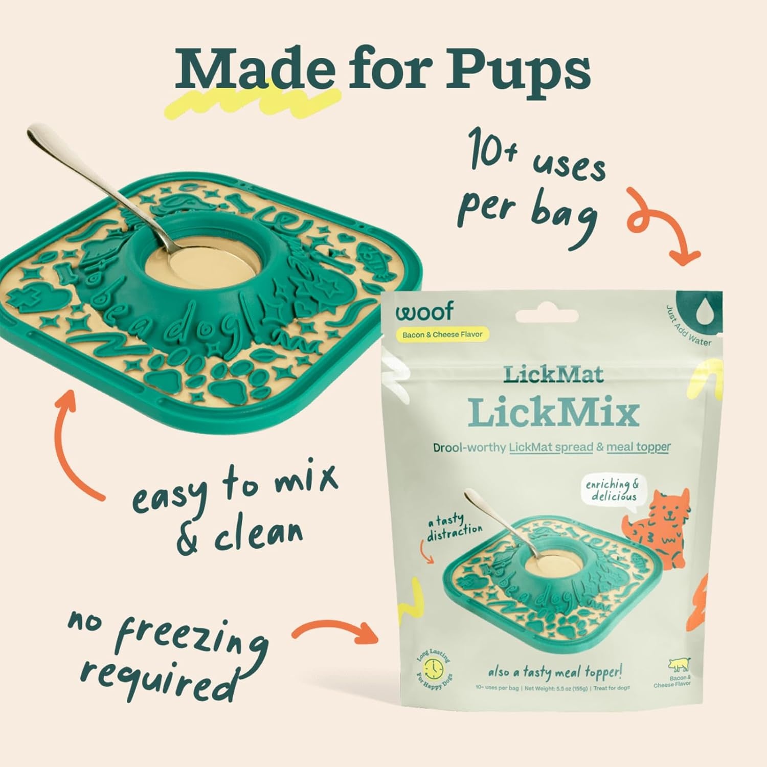 image:imageWoof Lick Mat and Bacon and Cheese LickMix Starter Pack Bundle Dog Enrichment and Spread Slow Feeder Mat with NonSlip Design Delicious Lower Calorie Mix Green