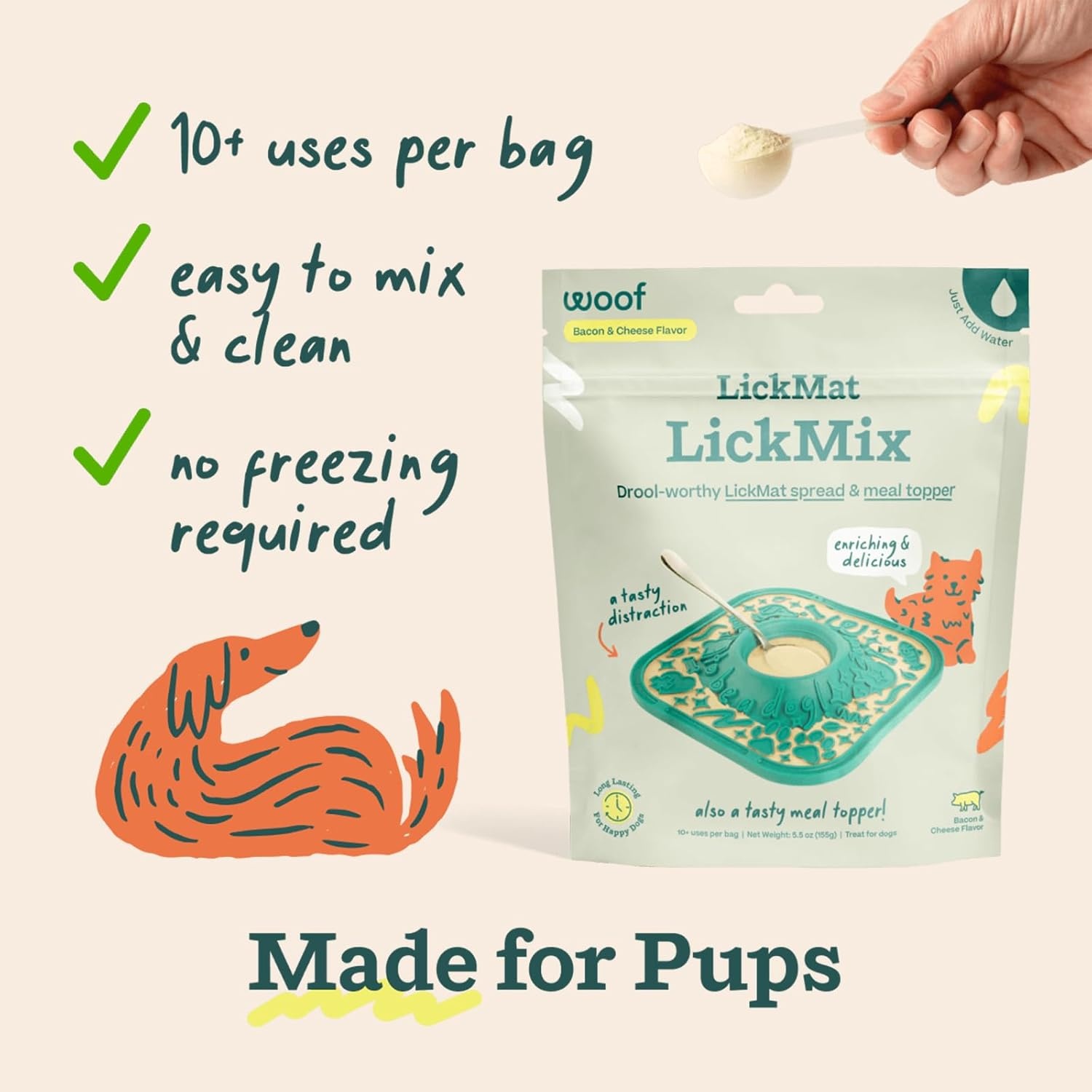 image:imageWoof Lick Mat and Bacon and Cheese LickMix Starter Pack Bundle Dog Enrichment and Spread Slow Feeder Mat with NonSlip Design Delicious Lower Calorie Mix Green