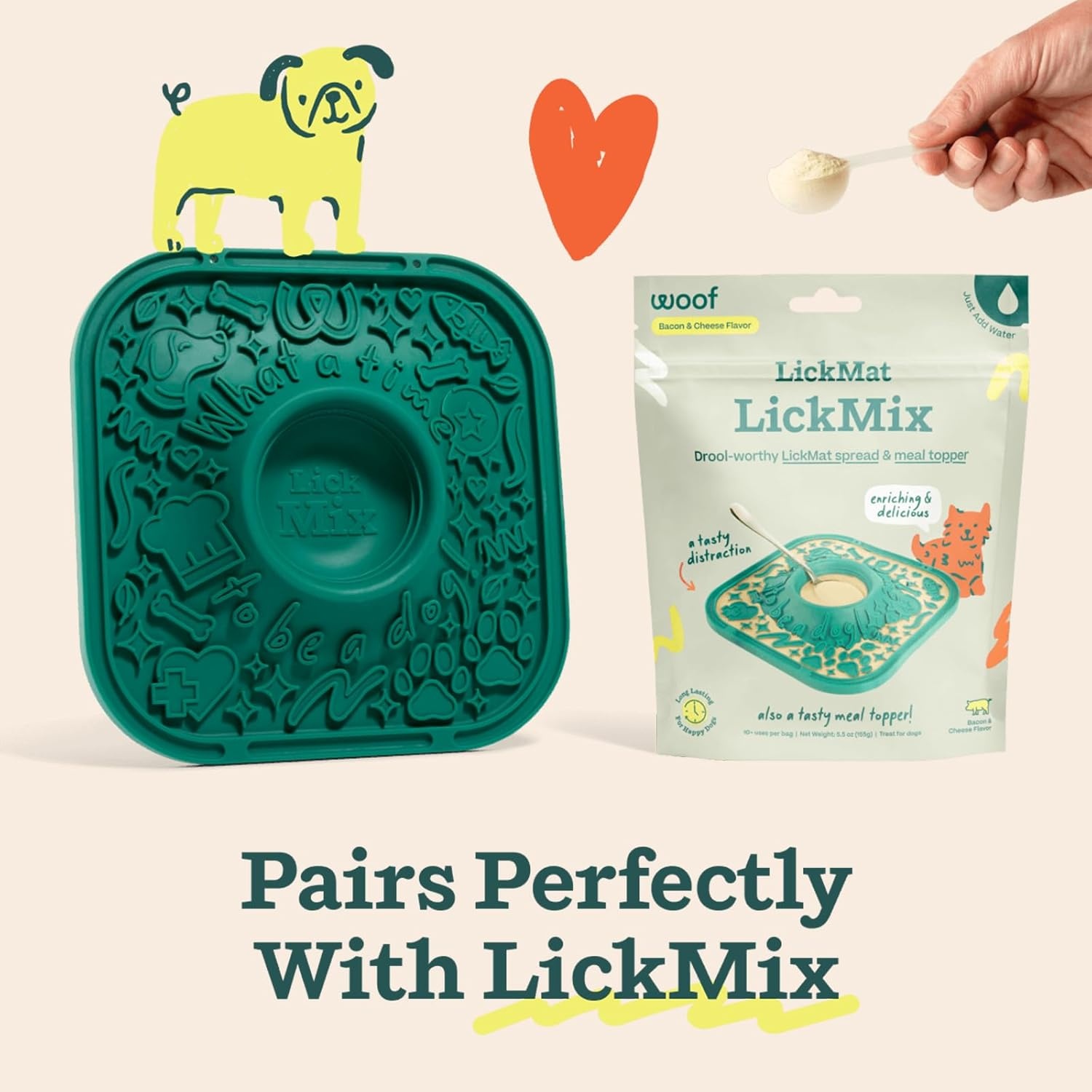 image:imageWoof Lick Mat and Bacon and Cheese LickMix Starter Pack Bundle Dog Enrichment and Spread Slow Feeder Mat with NonSlip Design Delicious Lower Calorie Mix Green