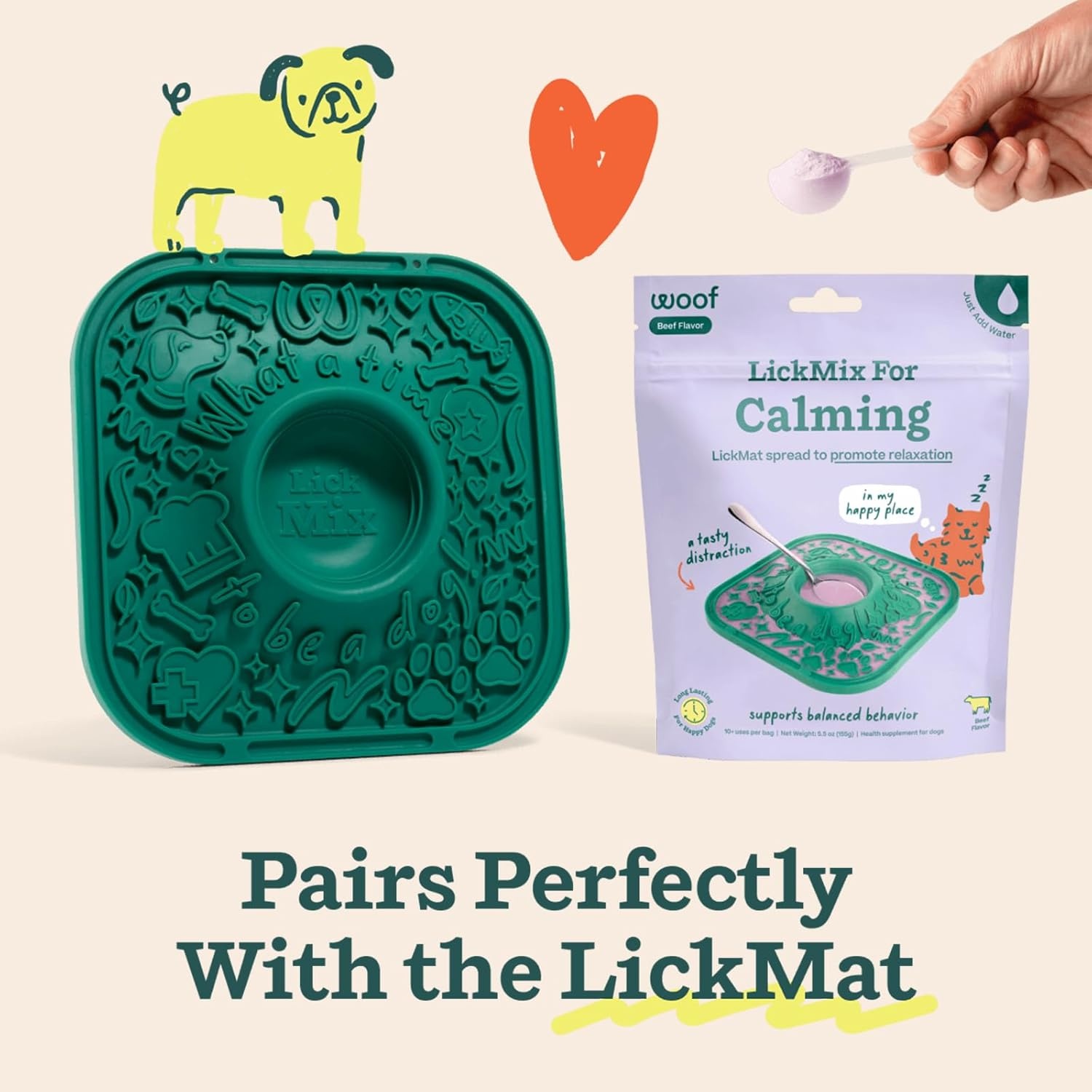 image:imageWoof Lick Mat and Calming LickMix Starter Pack Bundle Dog Enrichment and Spread Slow Feeder Mat with NonSlip Design Delicious Lower Calorie Mix Green