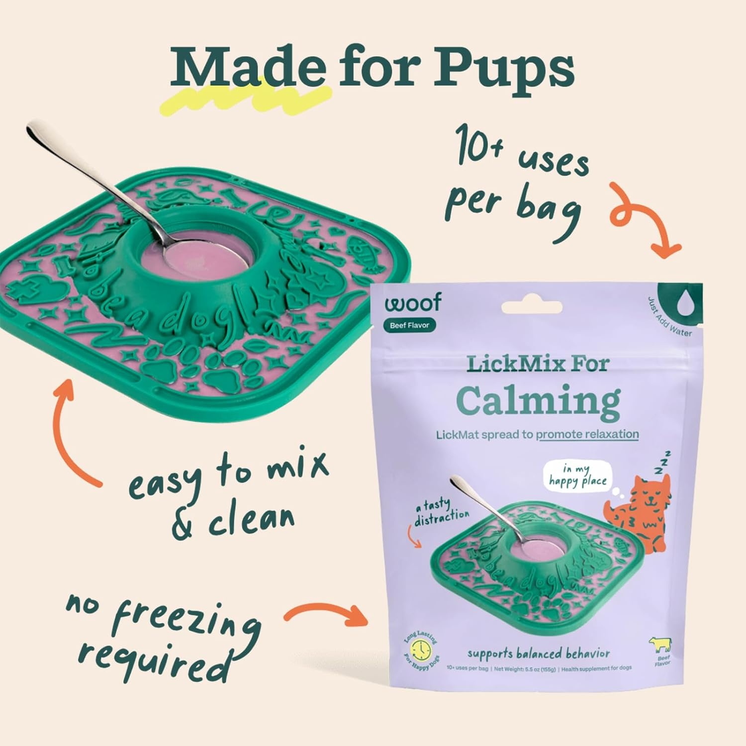 image:imageWoof Lick Mat and Calming LickMix Starter Pack Bundle Dog Enrichment and Spread Slow Feeder Mat with NonSlip Design Delicious Lower Calorie Mix Green