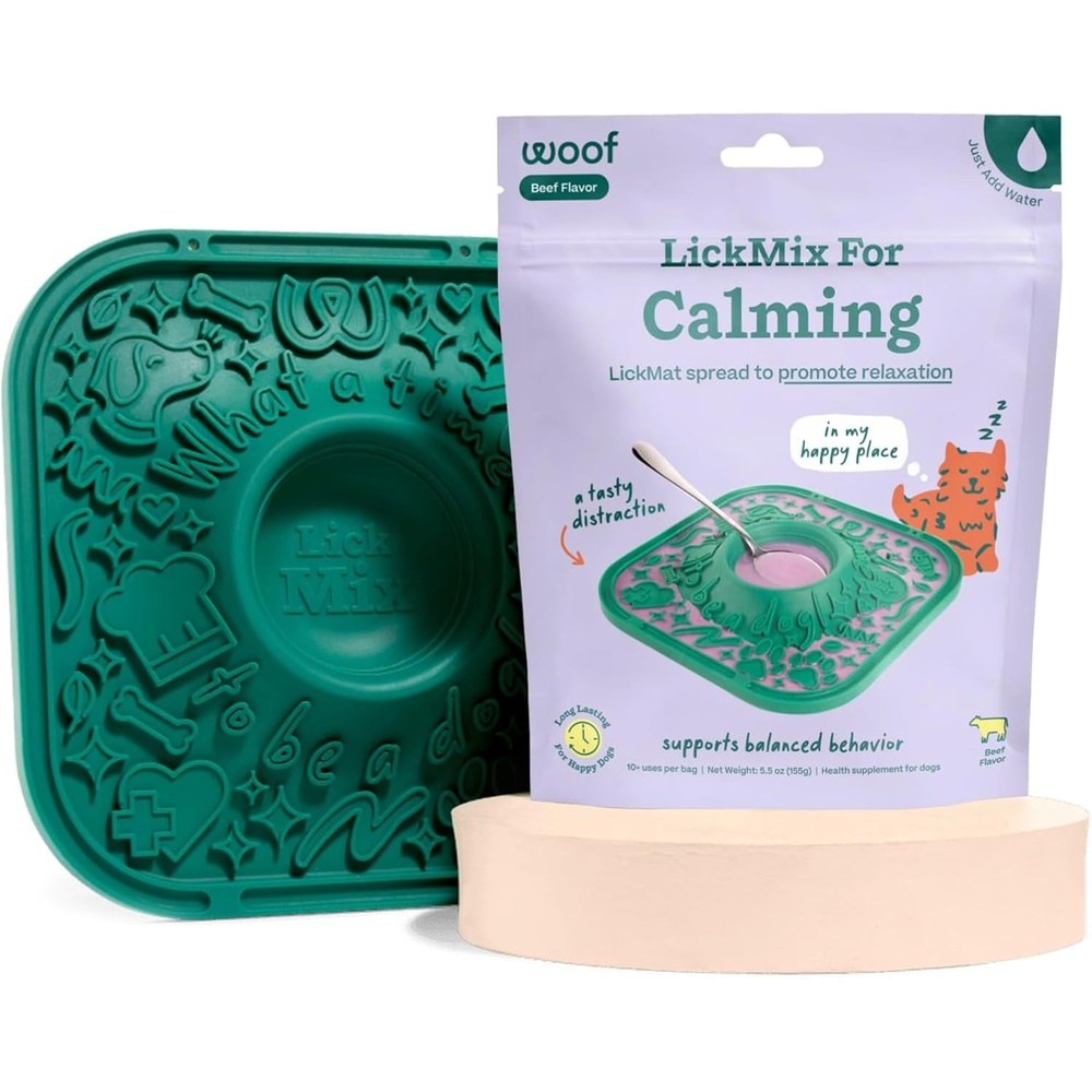 image:imageWoof Lick Mat and Calming LickMix Starter Pack Bundle Dog Enrichment and Spread Slow Feeder Mat with NonSlip Design Delicious Lower Calorie Mix Green
