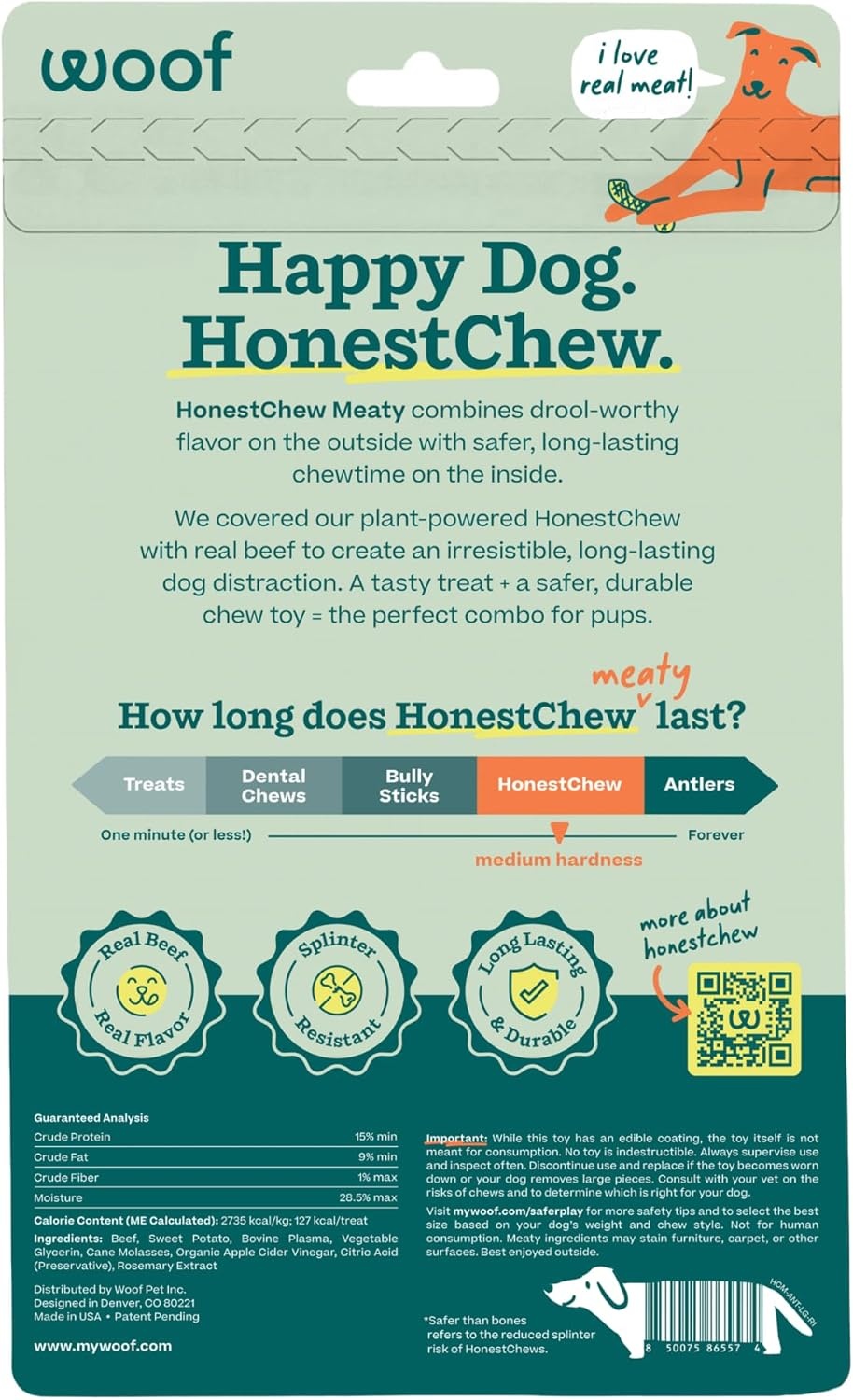 image:imageWOOF HonestChew Meaty Antler Dog Chews Made with Real Beef Outer Layer and Natural PlantBased Ingredients Core SplinterResistant Safer Than Rawhide and Dog Bones MediumAntler