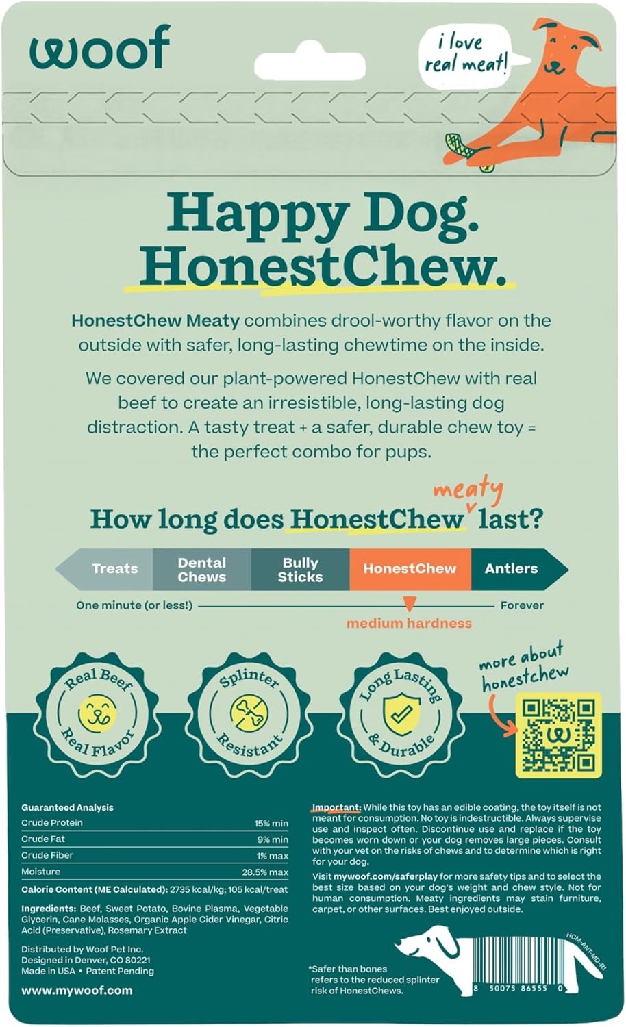 image:imageWOOF HonestChew Meaty Antler Dog Chews Made with Real Beef Outer Layer and Natural PlantBased Ingredients Core SplinterResistant Safer Than Rawhide and Dog Bones MediumAntler