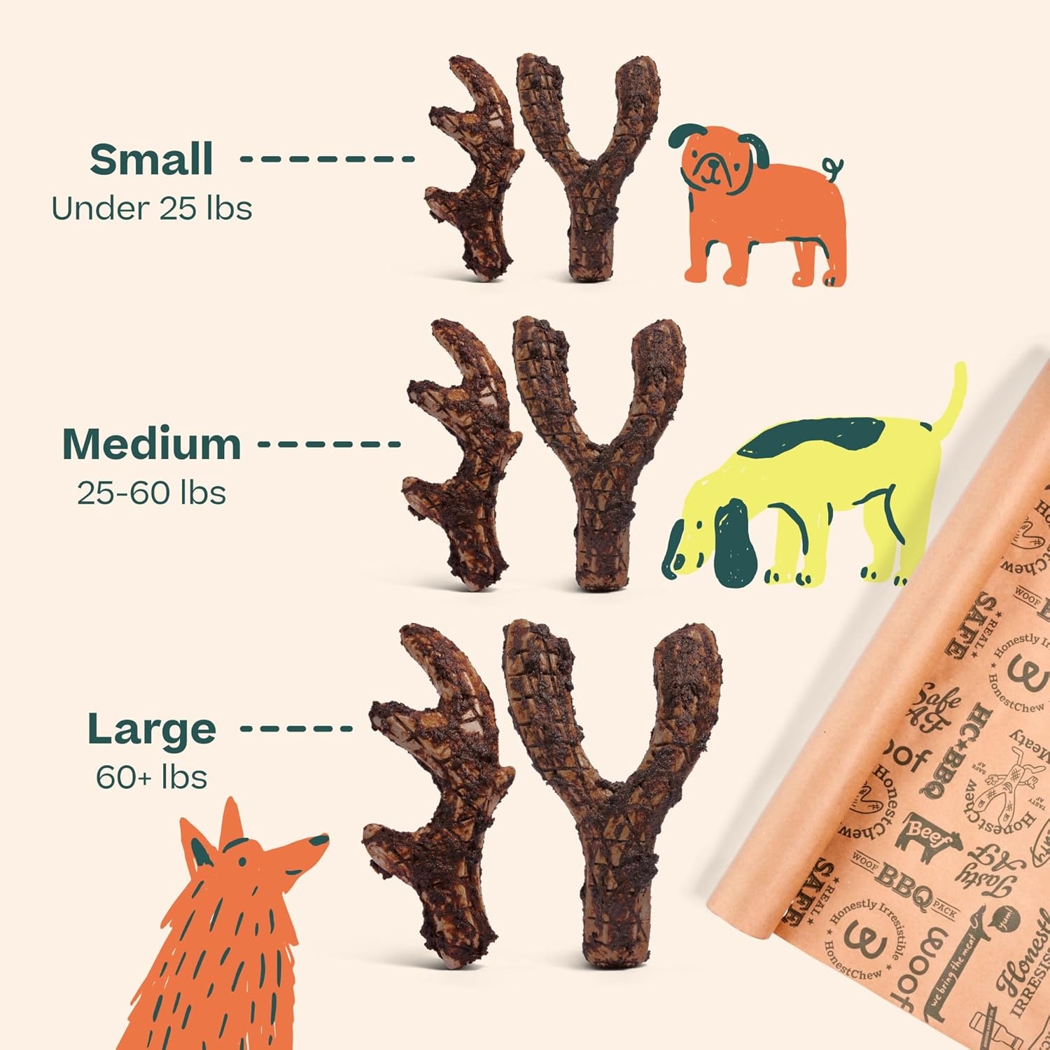 image:imageWOOF HonestChew Meaty Antler Dog Chews Made with Real Beef Outer Layer and Natural PlantBased Ingredients Core SplinterResistant Safer Than Rawhide and Dog Bones MediumAntler