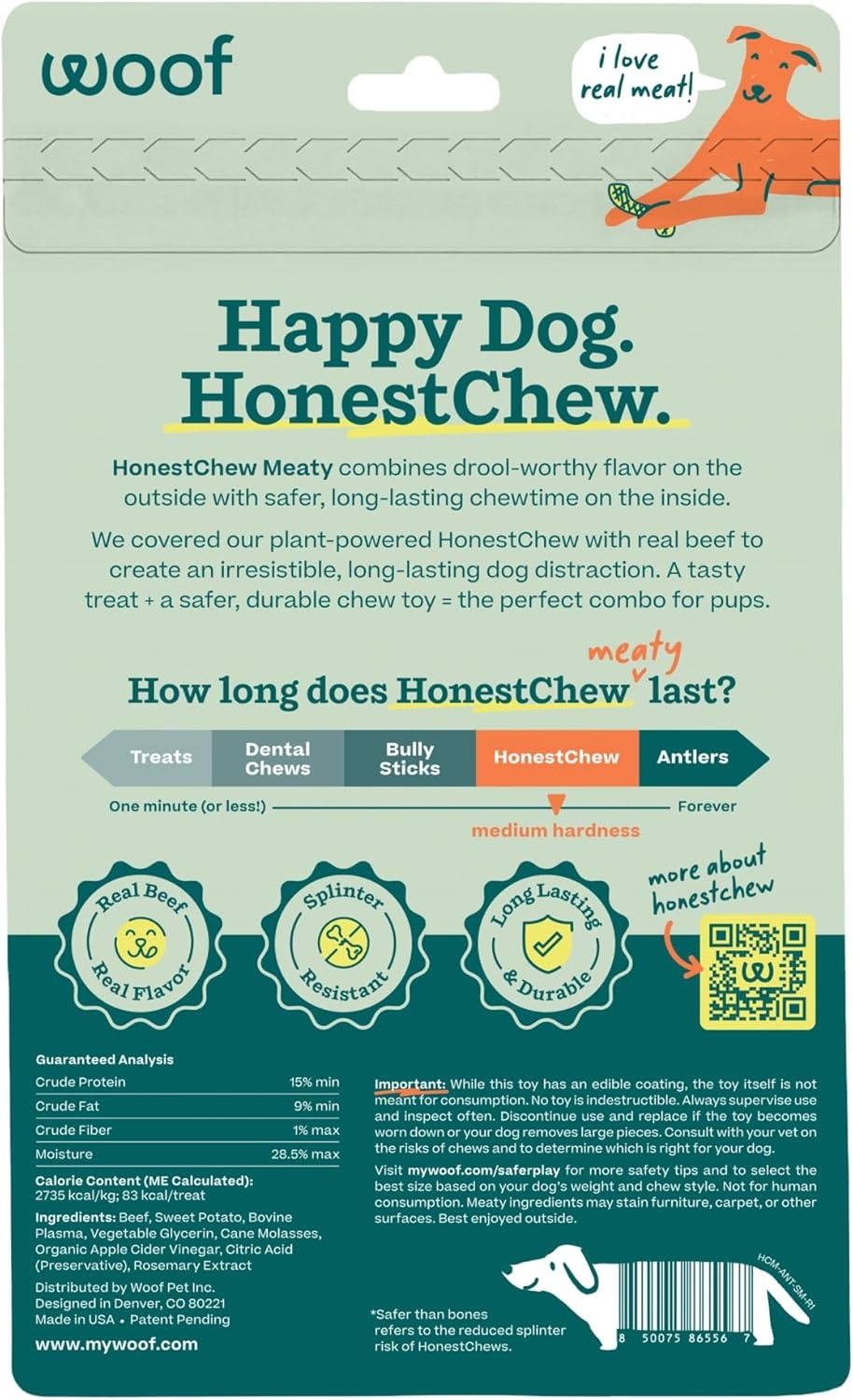 image:imageWOOF HonestChew Meaty Antler Dog Chews Made with Real Beef Outer Layer and Natural PlantBased Ingredients Core SplinterResistant Safer Than Rawhide and Dog Bones MediumAntler
