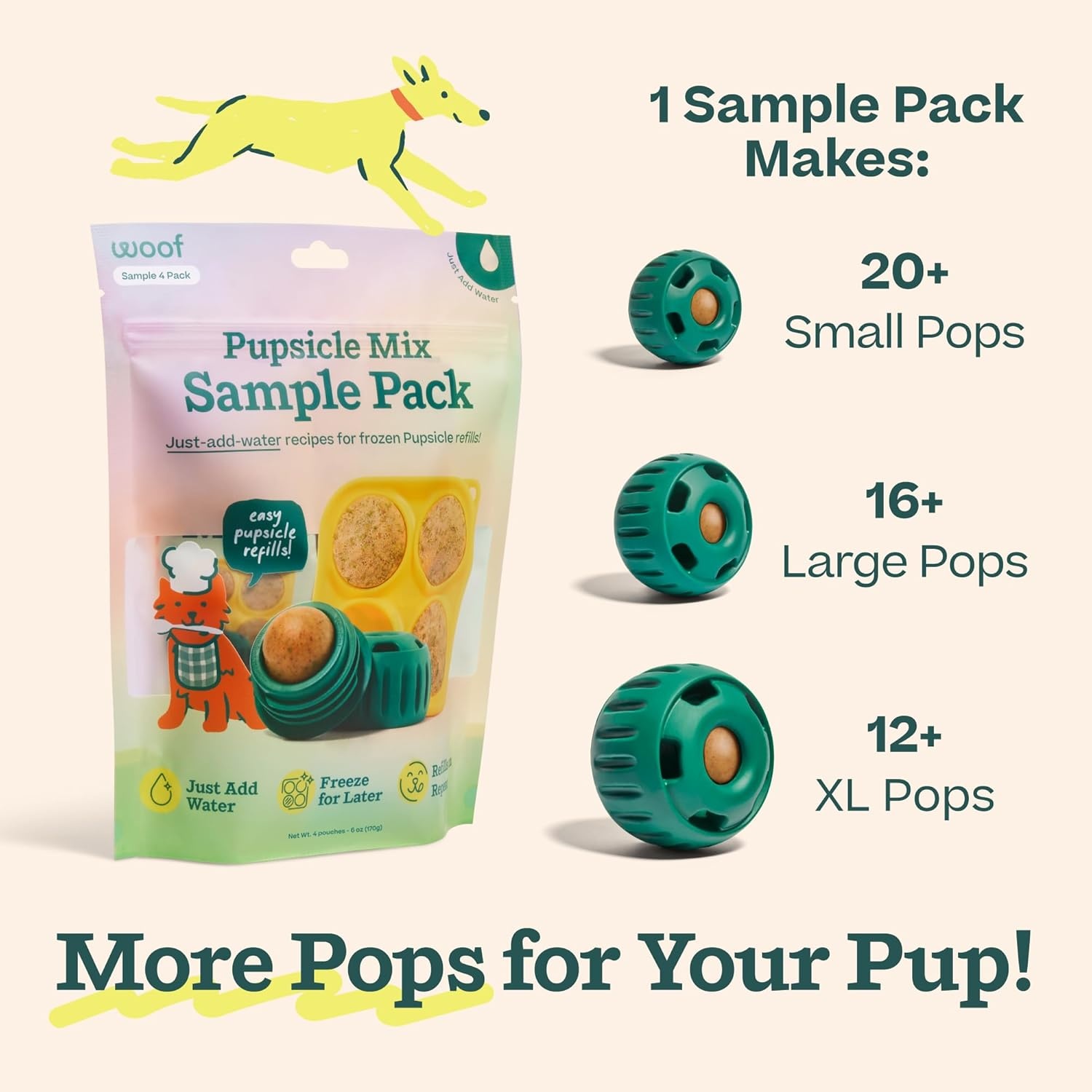 image:imageWOOF Pupsicle Mix Sample Pack EasytoMake DIY Pupsicle Refills Delicious Mix for the Pupsicle Interactive Dog Toy with Bacon amp Cheese Calming Balanced Belly and Dental Mix 4 Pack Sampler
