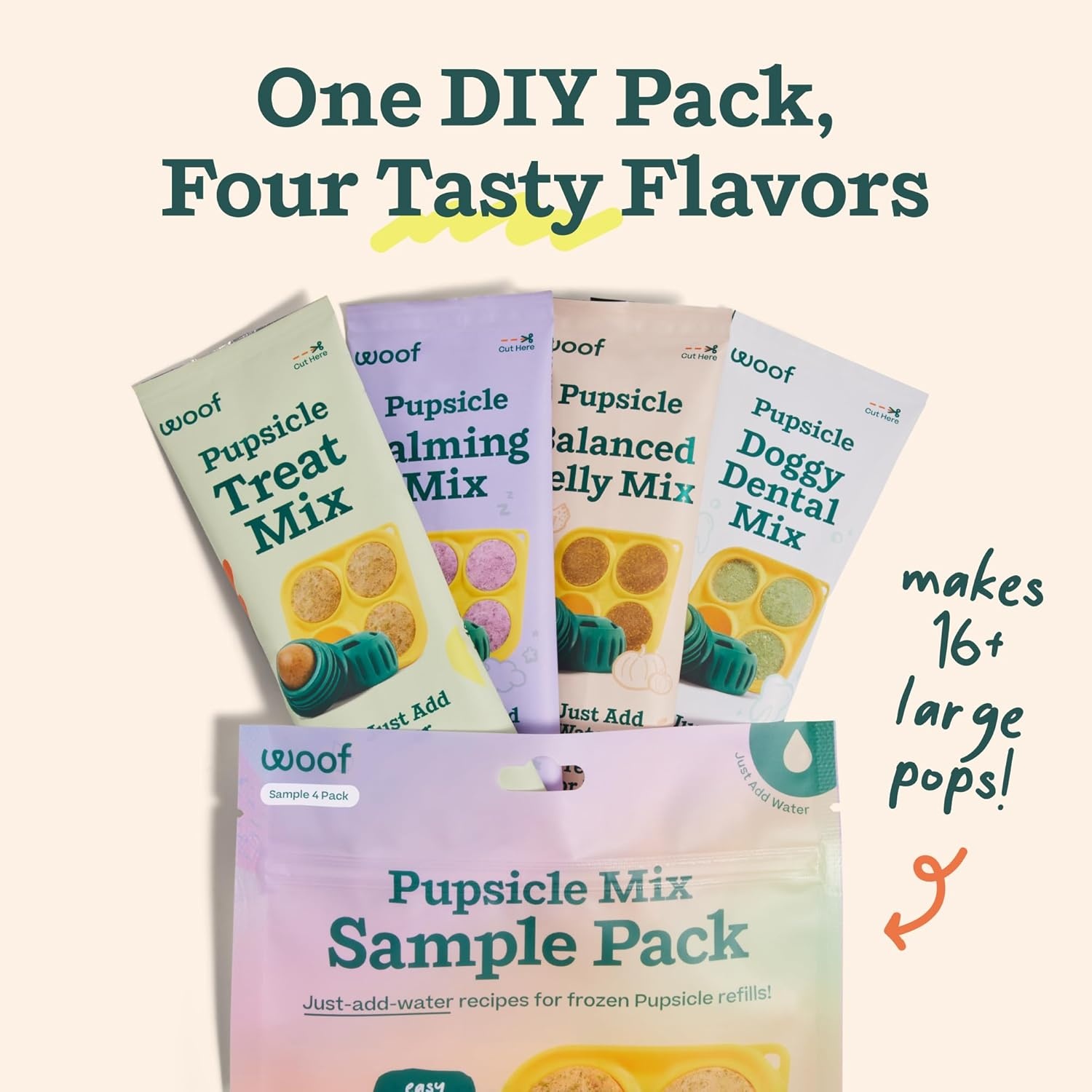 image:imageWOOF Pupsicle Mix Sample Pack EasytoMake DIY Pupsicle Refills Delicious Mix for the Pupsicle Interactive Dog Toy with Bacon amp Cheese Calming Balanced Belly and Dental Mix 4 Pack Sampler