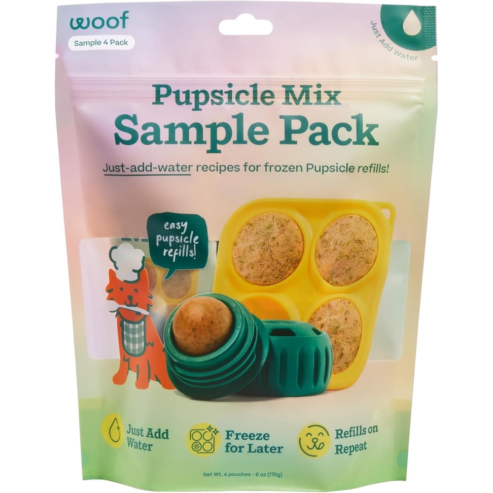 image:imageWOOF Pupsicle Mix Sample Pack EasytoMake DIY Pupsicle Refills Delicious Mix for the Pupsicle Interactive Dog Toy with Bacon amp Cheese Calming Balanced Belly and Dental Mix 4 Pack Sampler