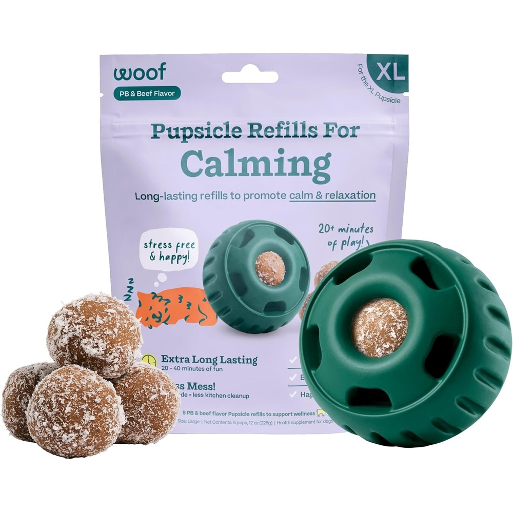 image:imageWoof Pupsicle Calming Starter Kit Pupsicle and Calming Pops Bundle LongLasting Interactive Dog Toy LowMess Design 10 Refills with Thiamine Tryptophan Passion Flower for XL Dogs 75 lbs and U