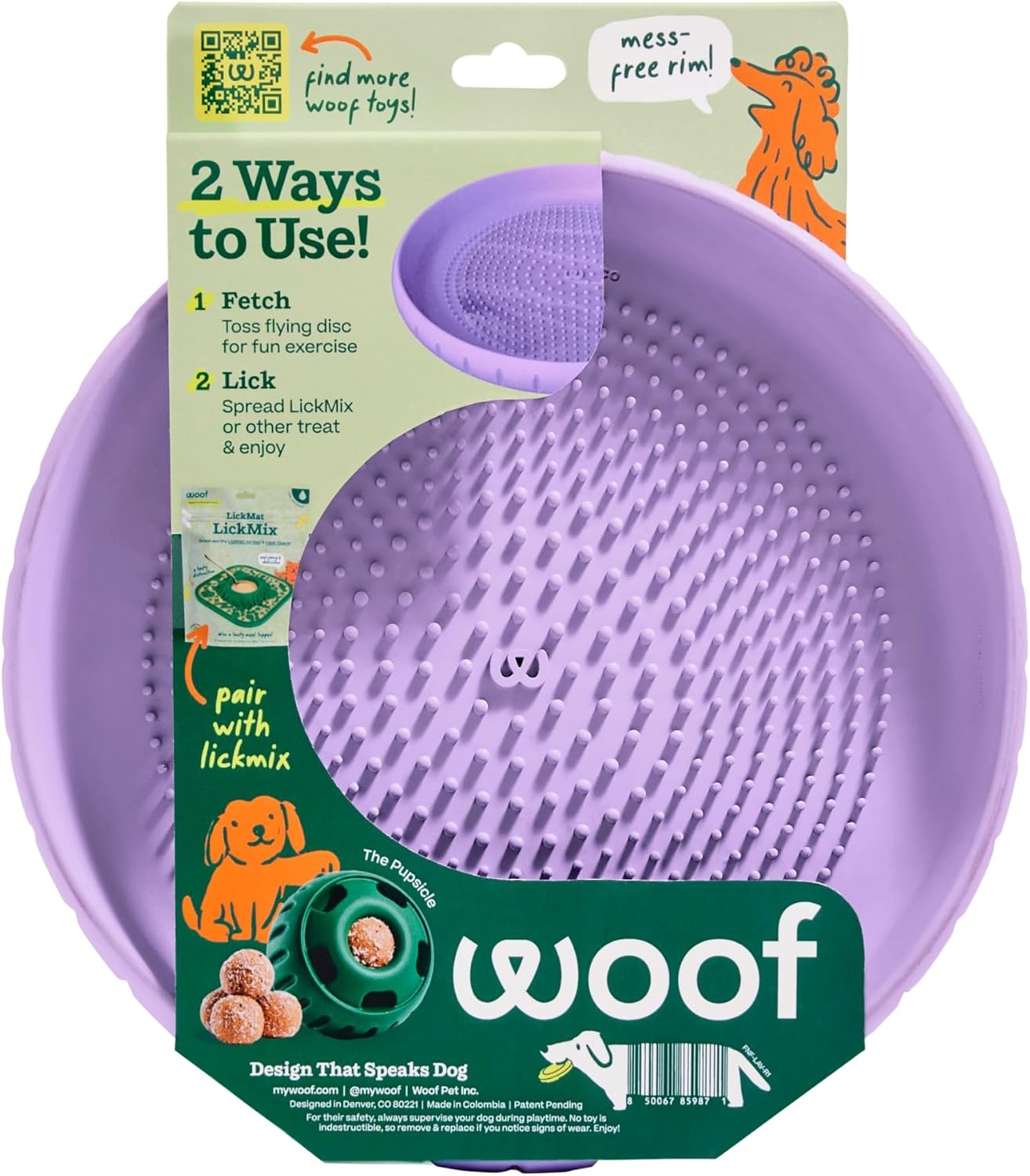 image:imageWOOF Fly n Feed Flying Disc and Lick Mat for Dogs Durable ToothFriendly Rubber Interactive Dog Toy for Fetch Treat Dispensing and Enrichment Lavender