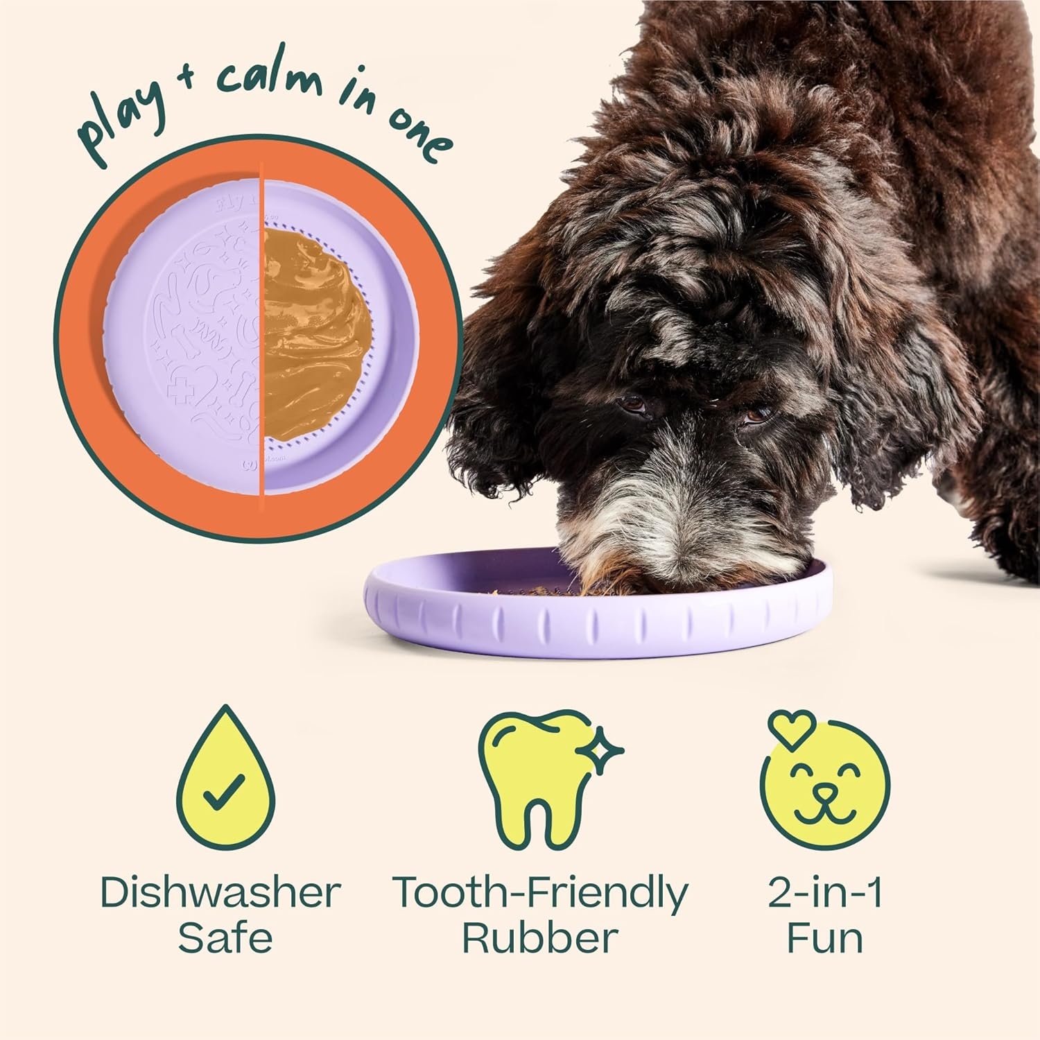 image:imageWOOF Fly n Feed Flying Disc and Lick Mat for Dogs Durable ToothFriendly Rubber Interactive Dog Toy for Fetch Treat Dispensing and Enrichment Lavender