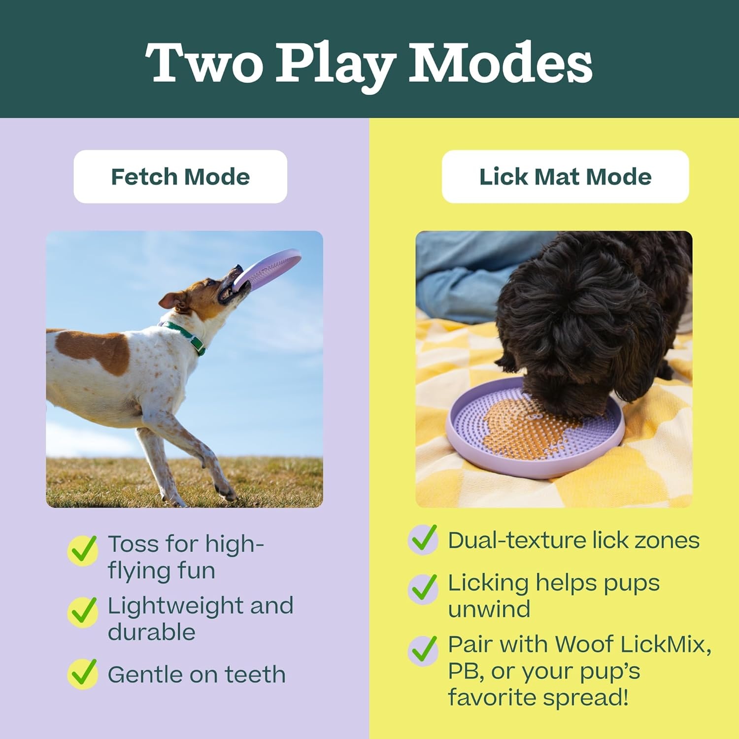 image:imageWOOF Fly n Feed Flying Disc and Lick Mat for Dogs Durable ToothFriendly Rubber Interactive Dog Toy for Fetch Treat Dispensing and Enrichment Lavender