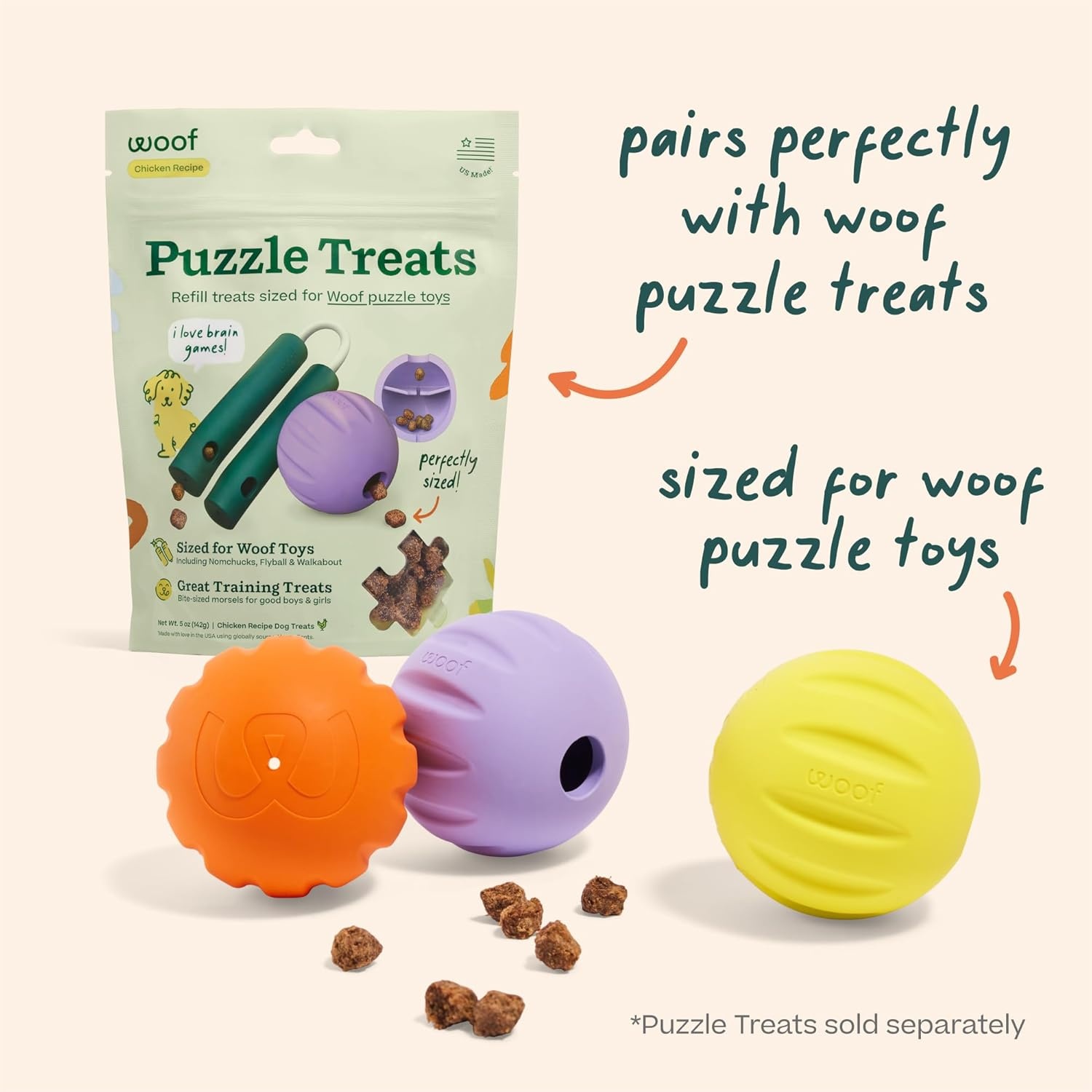 image:imageWOOF Flyball 2in1 Fetch Ball and Dog Treat Dispenser Toy Interactive Puzzle for Enrichment Fits Standard Ball Launchers Durable ToothFriendly Rubber The Perfect Dog Gift 3 Pack3PK Lavender Orange Yellow
