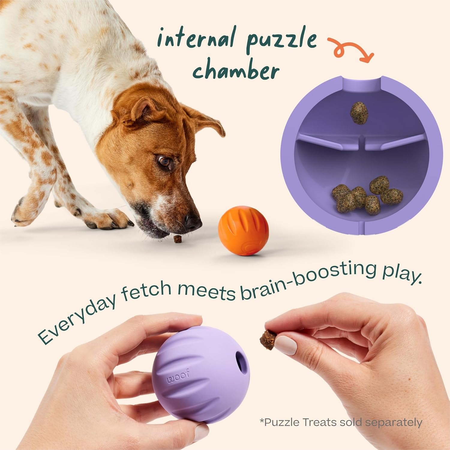 image:imageWOOF Flyball 2in1 Fetch Ball and Dog Treat Dispenser Toy Interactive Puzzle for Enrichment Fits Standard Ball Launchers Durable ToothFriendly Rubber The Perfect Dog Gift 3 Pack3PK Lavender Orange Yellow