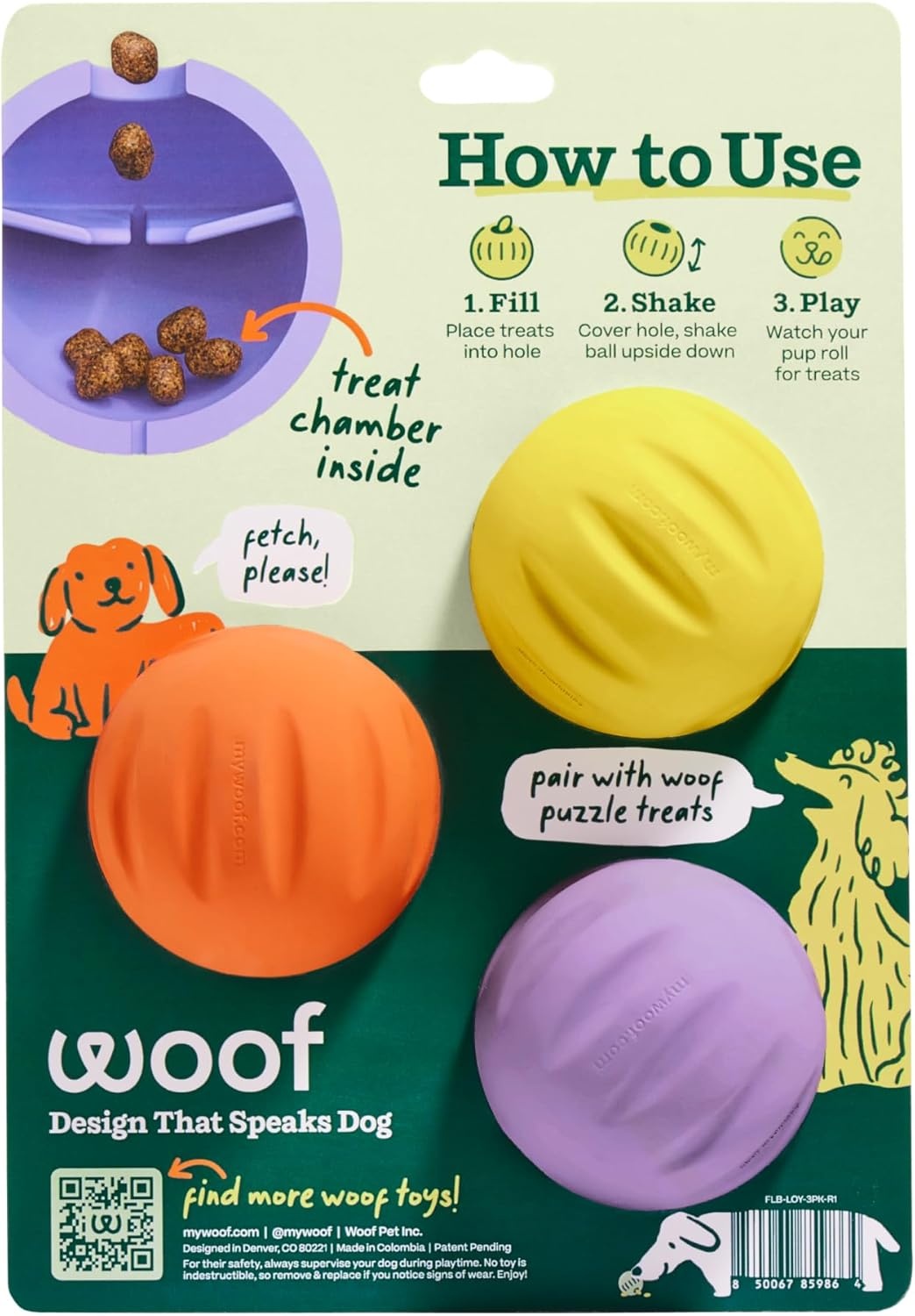 image:imageWOOF Flyball 2in1 Fetch Ball and Dog Treat Dispenser Toy Interactive Puzzle for Enrichment Fits Standard Ball Launchers Durable ToothFriendly Rubber The Perfect Dog Gift 3 Pack3PK Lavender Orange Yellow