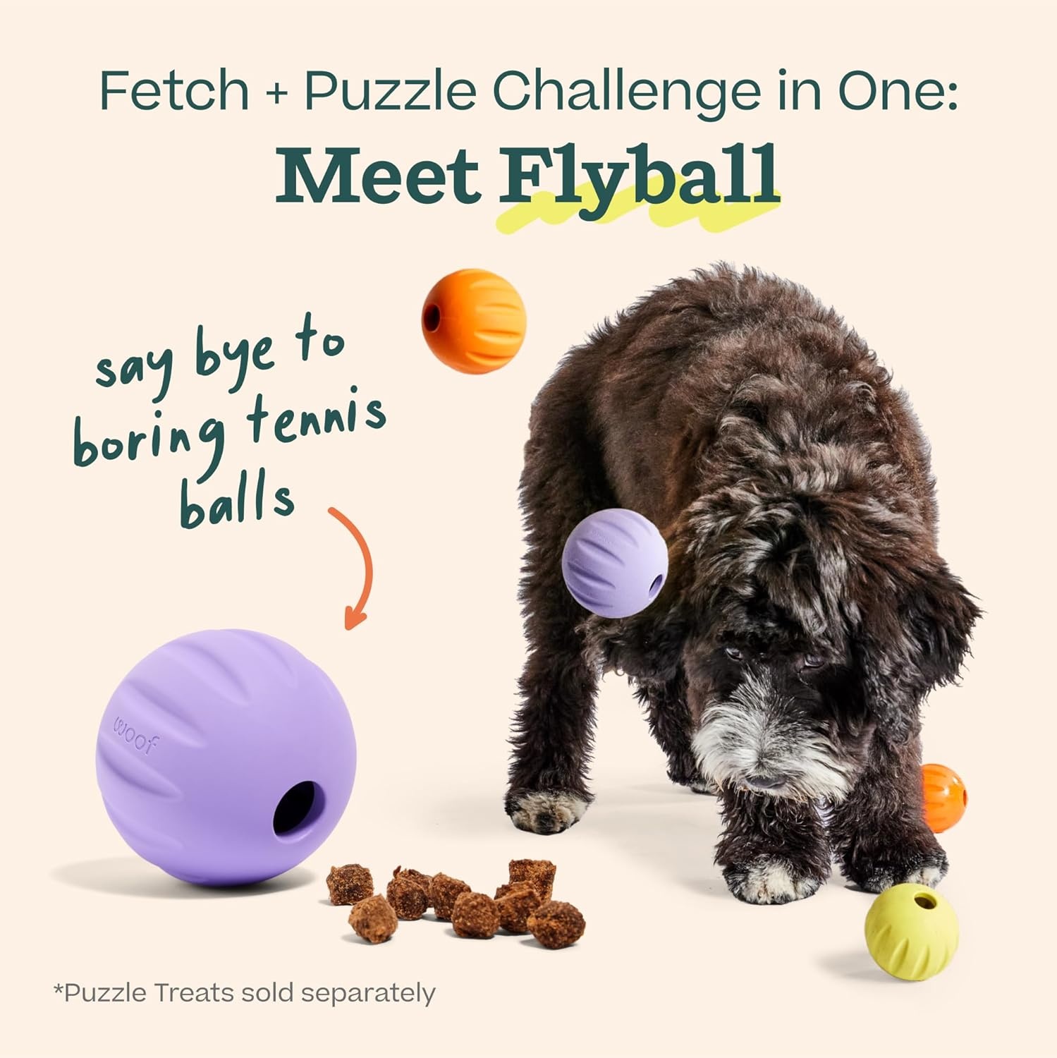 image:imageWOOF Flyball 2in1 Fetch Ball and Dog Treat Dispenser Toy Interactive Puzzle for Enrichment Fits Standard Ball Launchers Durable ToothFriendly Rubber The Perfect Dog Gift 3 Pack3PK Lavender Orange Yellow