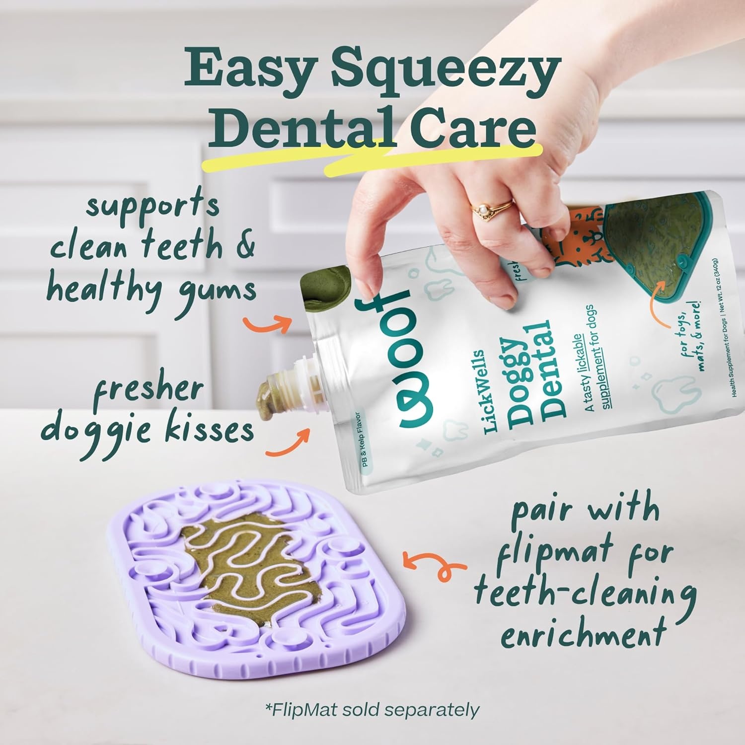 image:imageWOOF LickWells Doggy Dental Teeth Cleaning Supplement and Breath Freshener for The FlipMat and LickMat Postbiotic Squeezable Dog Treats to Support Oral Health for Dogs 12 oz PB amp Kelp Flavor