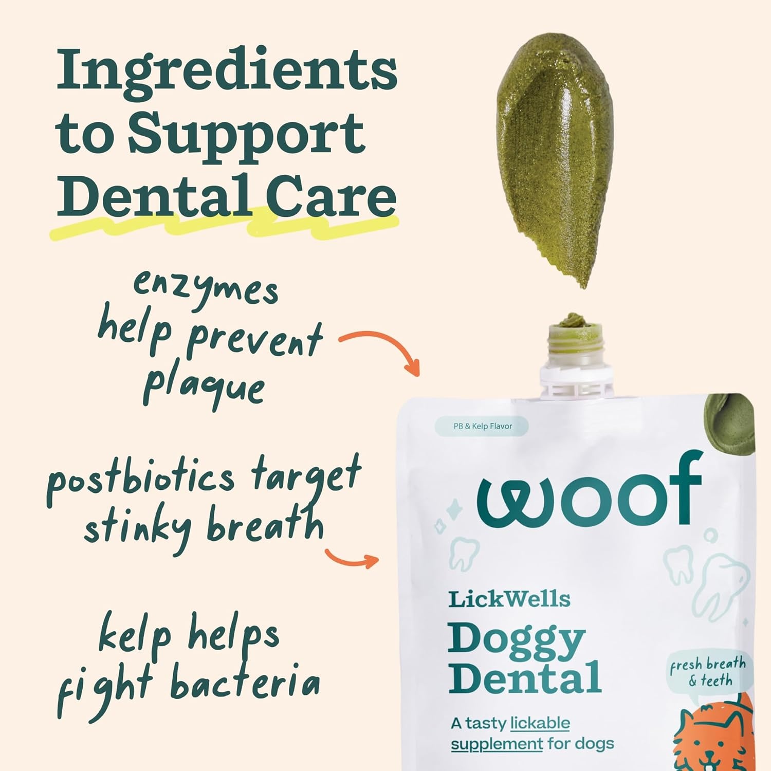 image:imageWOOF LickWells Doggy Dental Teeth Cleaning Supplement and Breath Freshener for The FlipMat and LickMat Postbiotic Squeezable Dog Treats to Support Oral Health for Dogs 12 oz PB amp Kelp Flavor