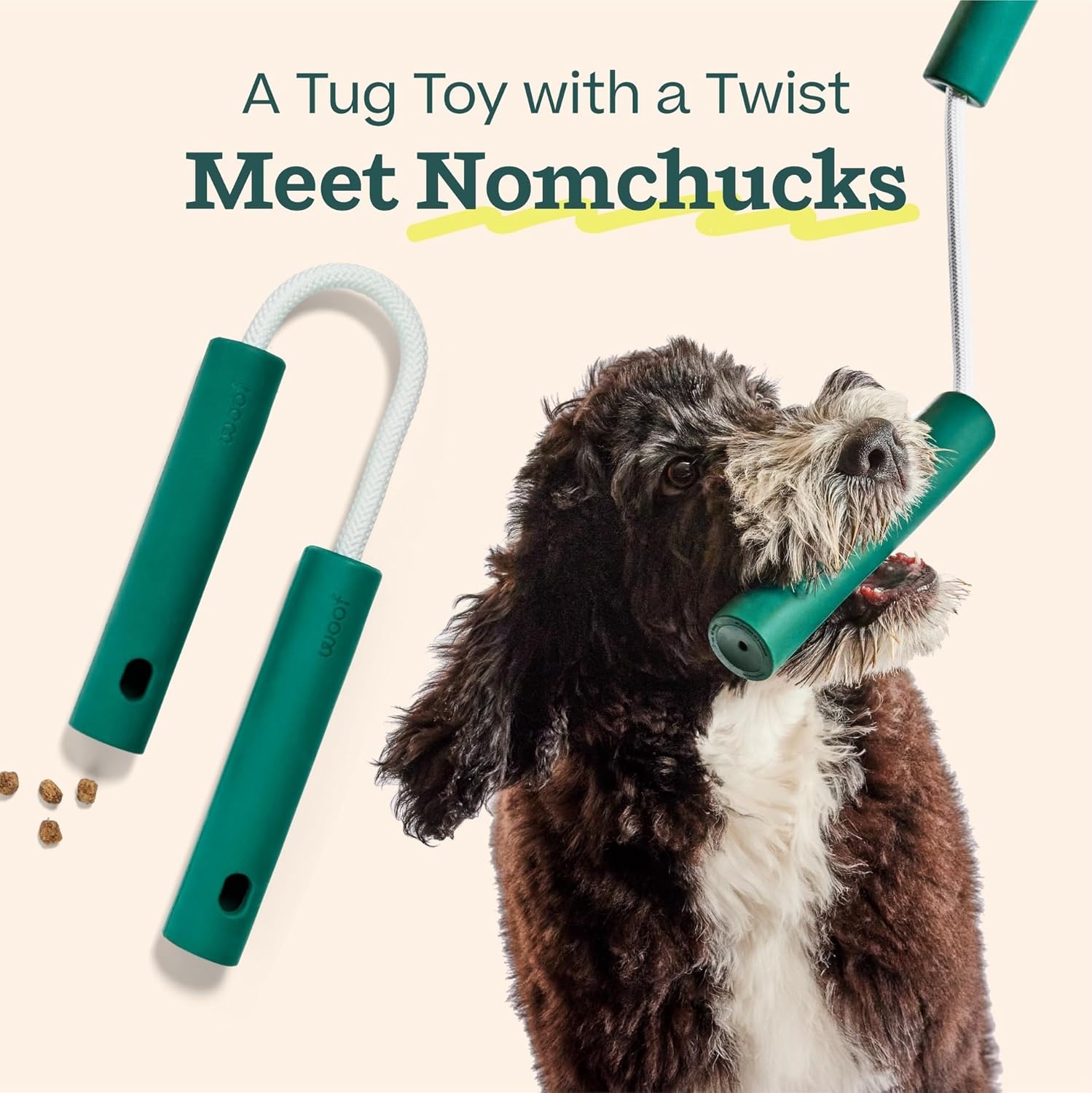 image:imageWOOF Nomchucks Dual Puzzle Feeder Enrichment Dog Toy and Tug Toy with 3 Interactive Zones Designed with LongLasting Nylon Rope and Natural Rubber Pairs Puzzle Treats