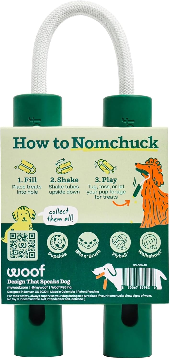 image:imageWOOF Nomchucks Dual Puzzle Feeder Enrichment Dog Toy and Tug Toy with 3 Interactive Zones Designed with LongLasting Nylon Rope and Natural Rubber Pairs Puzzle Treats