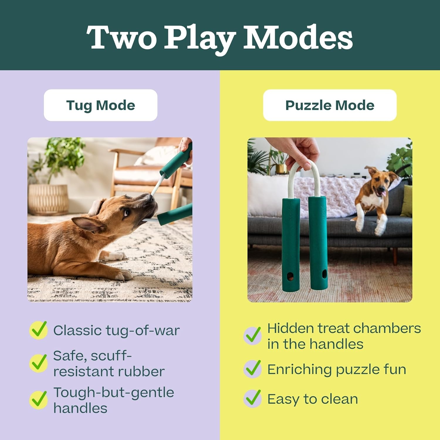 image:imageWOOF Nomchucks Dual Puzzle Feeder Enrichment Dog Toy and Tug Toy with 3 Interactive Zones Designed with LongLasting Nylon Rope and Natural Rubber Pairs Puzzle Treats
