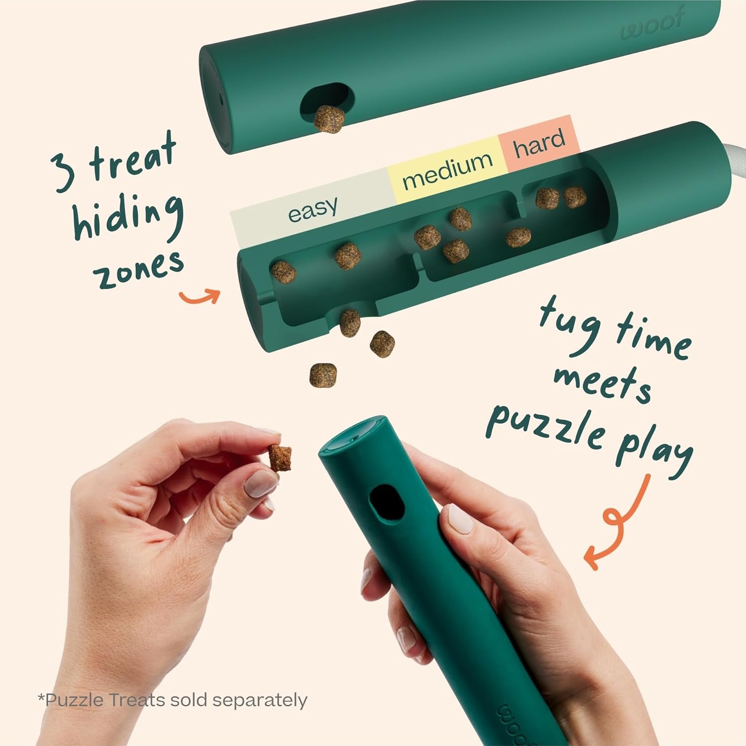 image:imageWOOF Nomchucks Dual Puzzle Feeder Enrichment Dog Toy and Tug Toy with 3 Interactive Zones Designed with LongLasting Nylon Rope and Natural Rubber Pairs Puzzle Treats