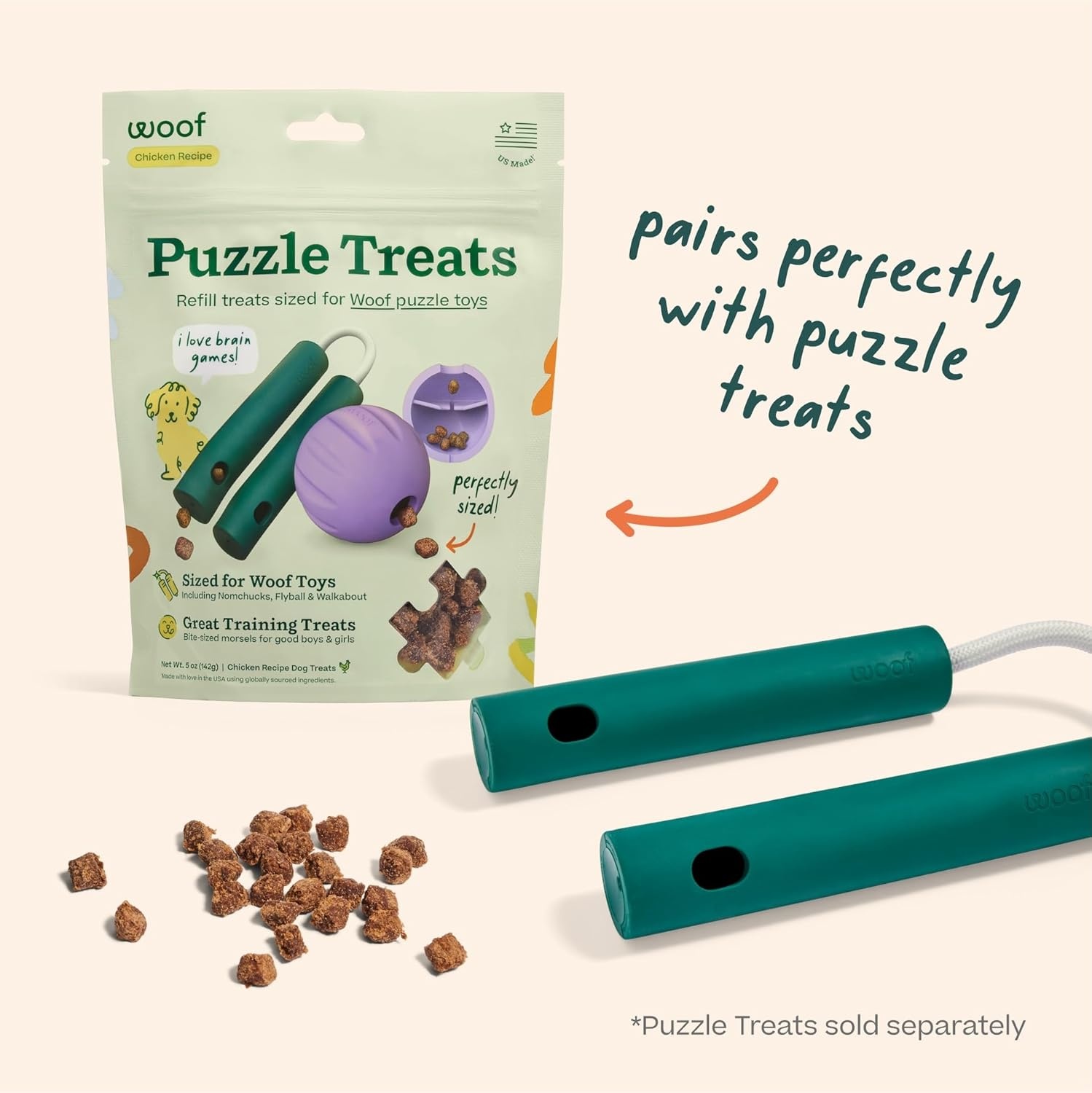 image:imageWOOF Nomchucks Dual Puzzle Feeder Enrichment Dog Toy and Tug Toy with 3 Interactive Zones Designed with LongLasting Nylon Rope and Natural Rubber Pairs Puzzle Treats