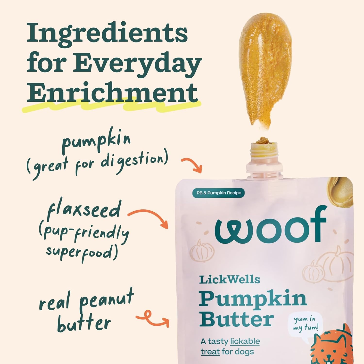 image:imageWoof LickWells Pumpkin Butter Dog Lick Mat Spread and Meal Topper for the FlipMat and LickMat Made with Prebiotics and Superfoods for Digestion and Enrichment 12 oz PB amp Pumpkin Flavor