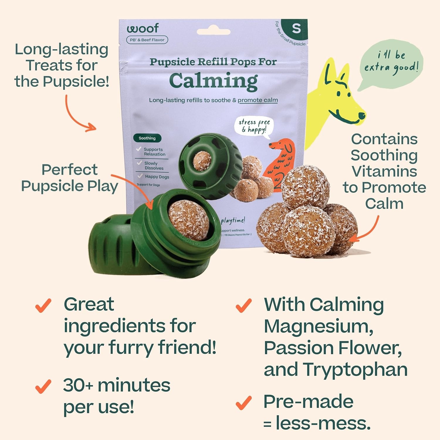 image:imageWoof Pupsicle Calming Starter Kit Pupsicle and Calming Pops Bundle LongLasting Interactive Dog Toy LowMess Design 10 Refills with Thiamine Tryptophan Passion Flower for Small Dogs 1025 lbs