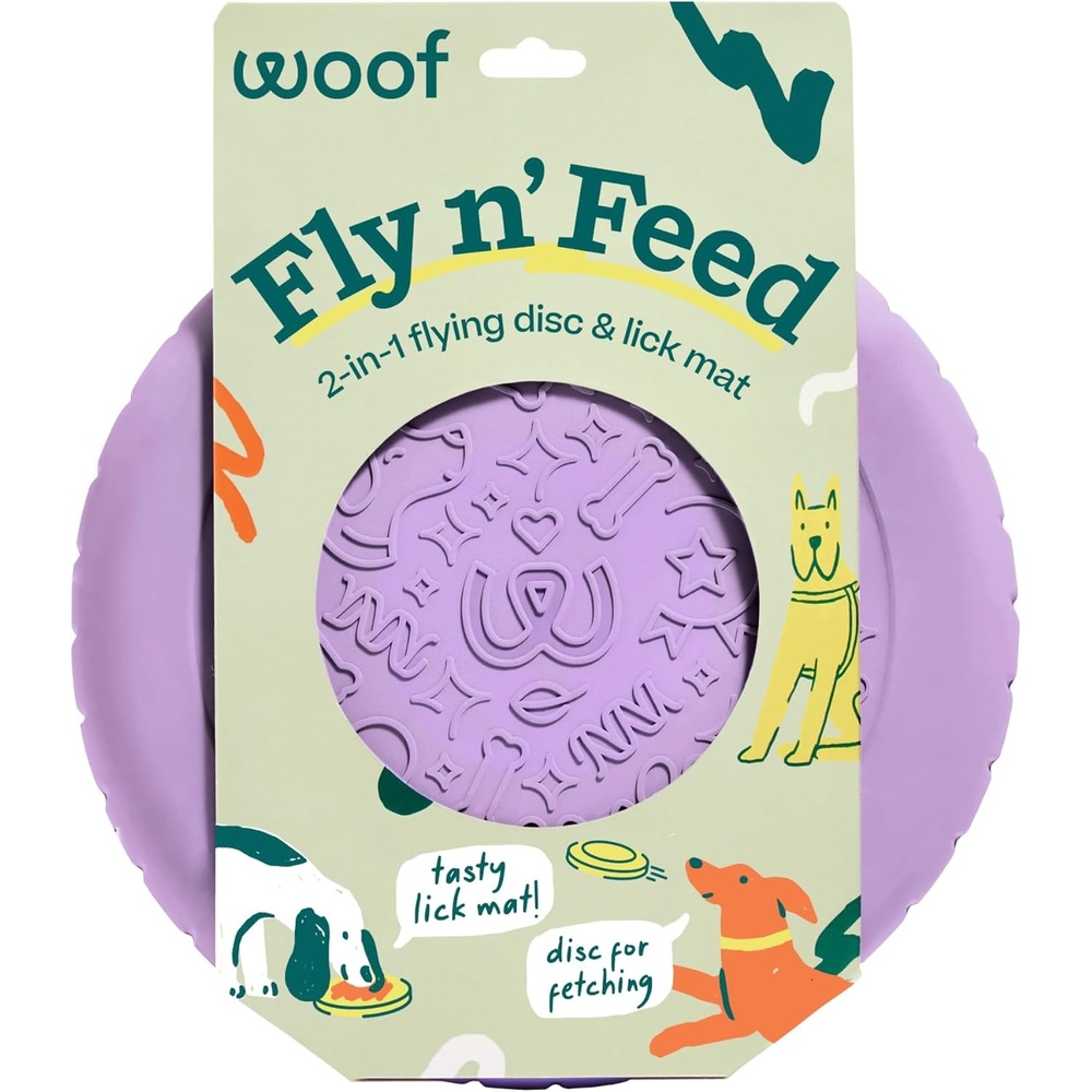 image:imageWOOF Fly n Feed Flying Disc and Lick Mat for Dogs Durable ToothFriendly Rubber Interactive Dog Toy for Fetch Treat Dispensing and Enrichment Lavender